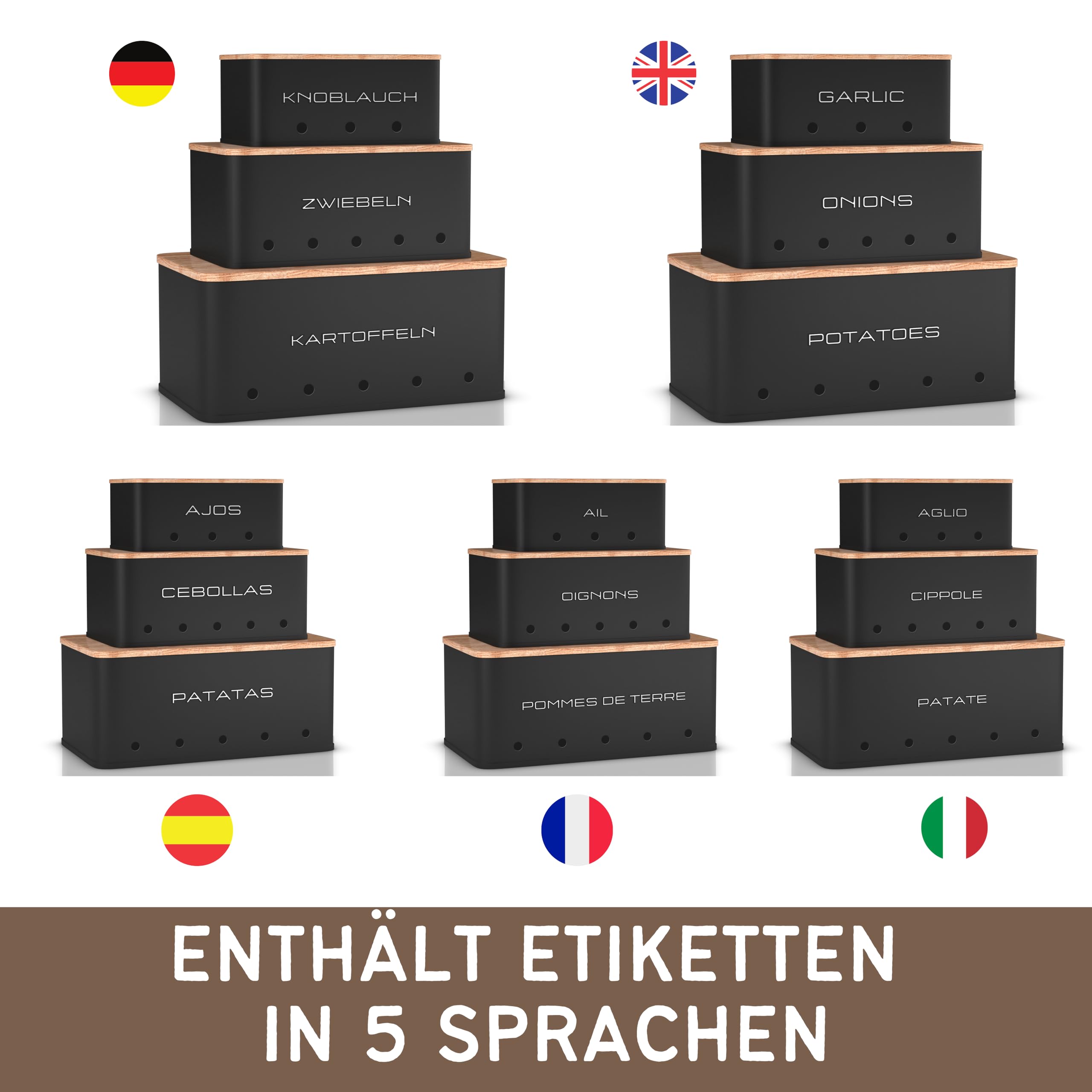 kartoffel aufbewahrungsbox - Set 3 aufbewahrung kartoffeln zwiebeln knoblauch - gemüse aufbewahrung mit kleinen lüftungslöcherne, um die luftzirkulation zu gewährleisten - Mattschwarz
