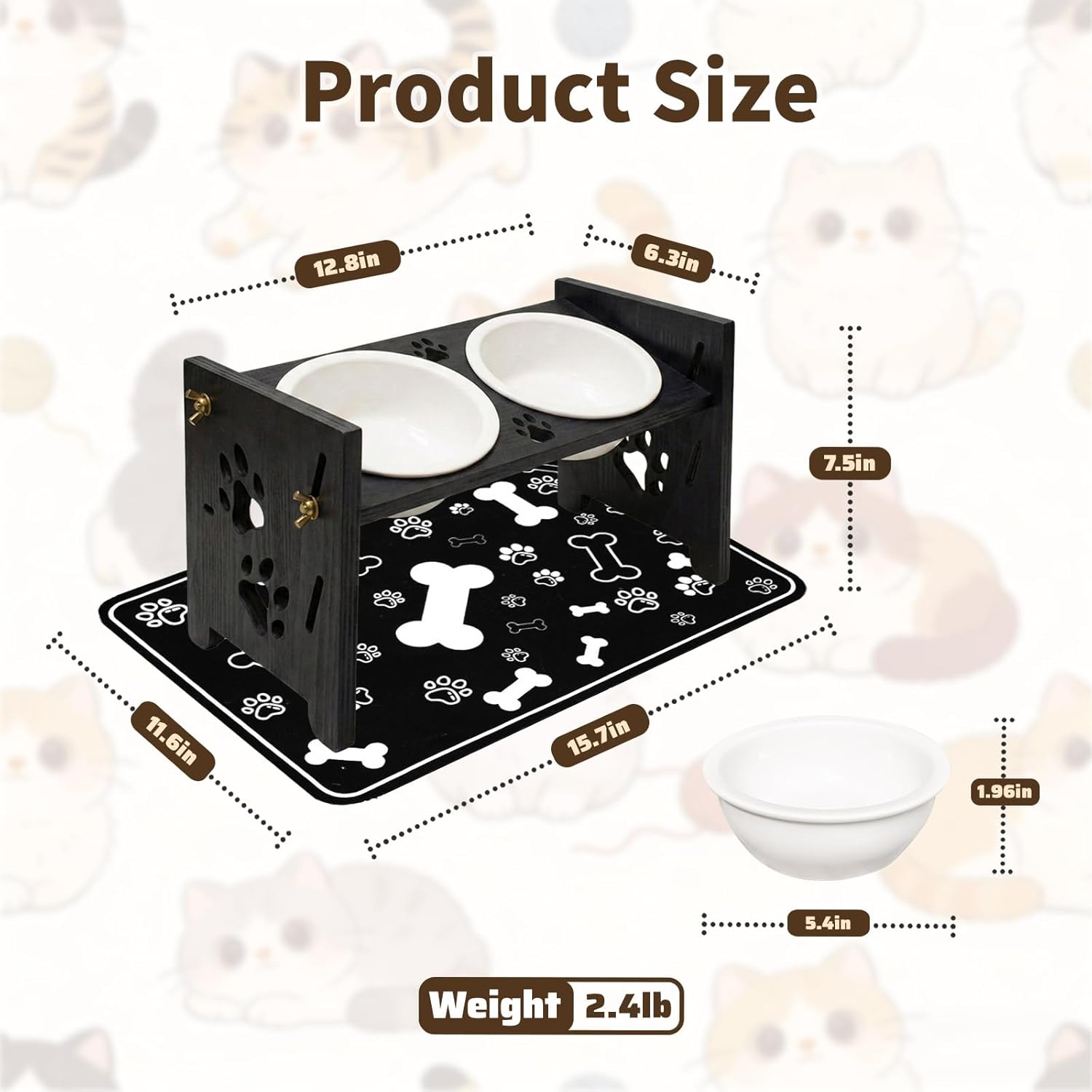 2026 New Elevated Cat Bowls with Food Mat, Adjustable Height & Angle Raised Cat & Dog Bowls Stand for Food and Water, Cat or Small Dog Feeding Station, 2 Ceramic Bowls for Cats and Puppy(Black Wood)