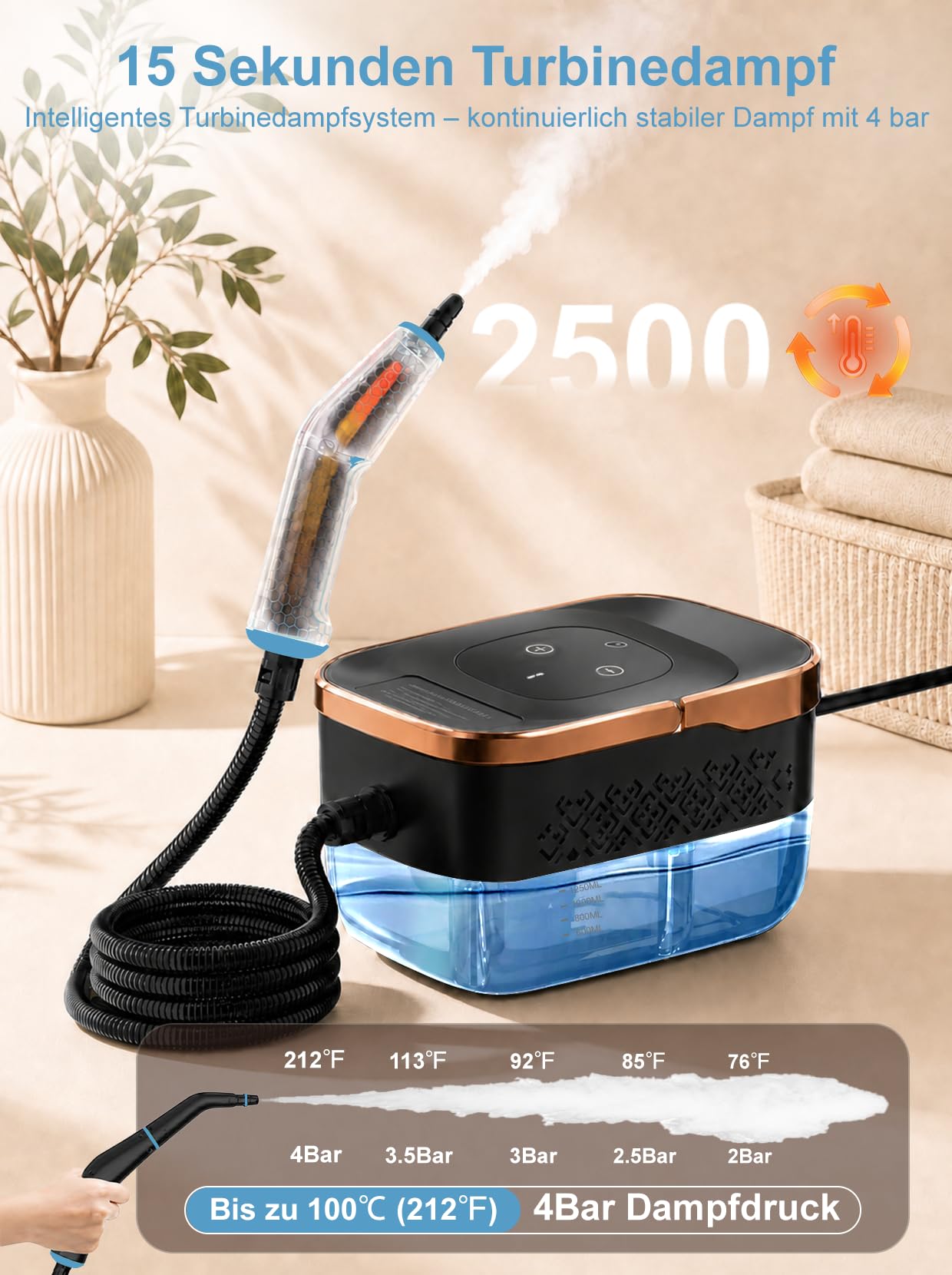 Dampfreiniger Handgerät, 2500W 4 Bar 6-Stufiger Mehrzweck-Dampfreiniger