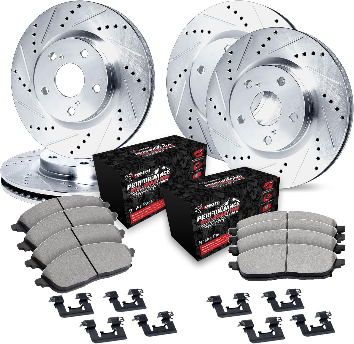 R1 Concepts Front and Rear Brake Kit For 2012-2024 Dodge Durango, 2014-2022 Jeep Grand Cherokee| Drilled Slotted Brake Rotors| Off-Road/Tow Brake Pads and Rotors Kit| Hardware included