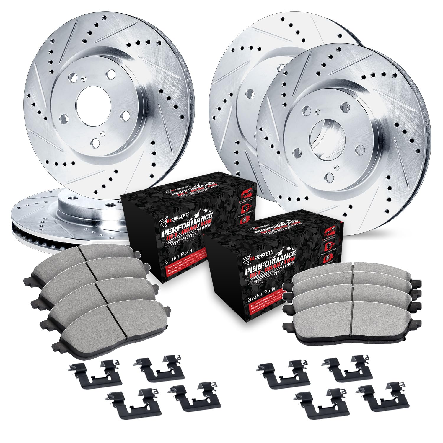 R1 Concepts Front and Rear Brake Kit For 2007-2009 Chrysler Aspen, Dodge Durango; 2006-2010 Dodge Ram 1500| Drilled Slotted Brake Rotors| Off-Road/Tow