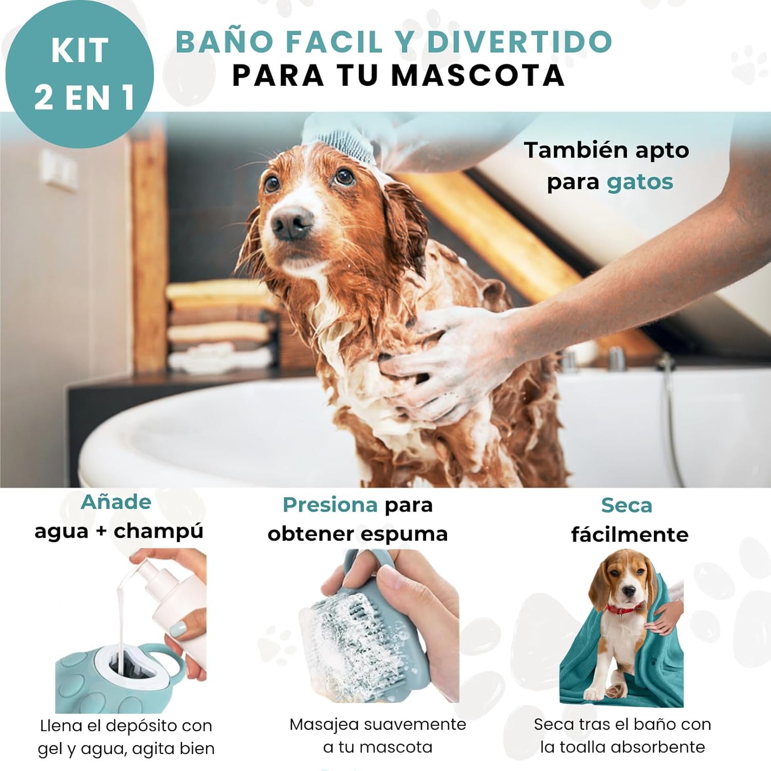 2 in 1 Pet Grooming Kit | Bath Brush with Shampoo Tank | Absorbent Towel 75 x 35 cm | Green, Microfiber and Silicone | Cleaning, Drying and Massage for Dogs and Cats 3