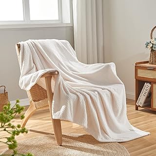 NEWCOSPLAY Luxury Super Soft Throw Blanket Premium Flannel Fleece Leaves Pattern Throw Warm Lightweight Blanket Wrinkle-Resistant and Breathable All Season Use (Ivory, Throw(50"x60"))