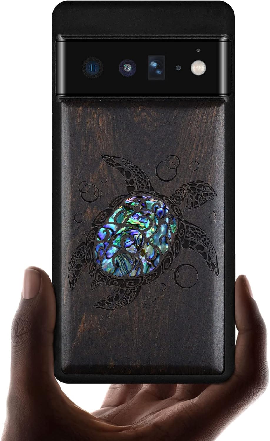 Carveit Designer Wooden Case for Google Pixel 6 Pro Case Cover [Wood Engraving & Shell Inlay] Unique Wood Phone Case Compatible with Wireless Chargers Pixel 6 Pro (Sea Turtle-Rosy)