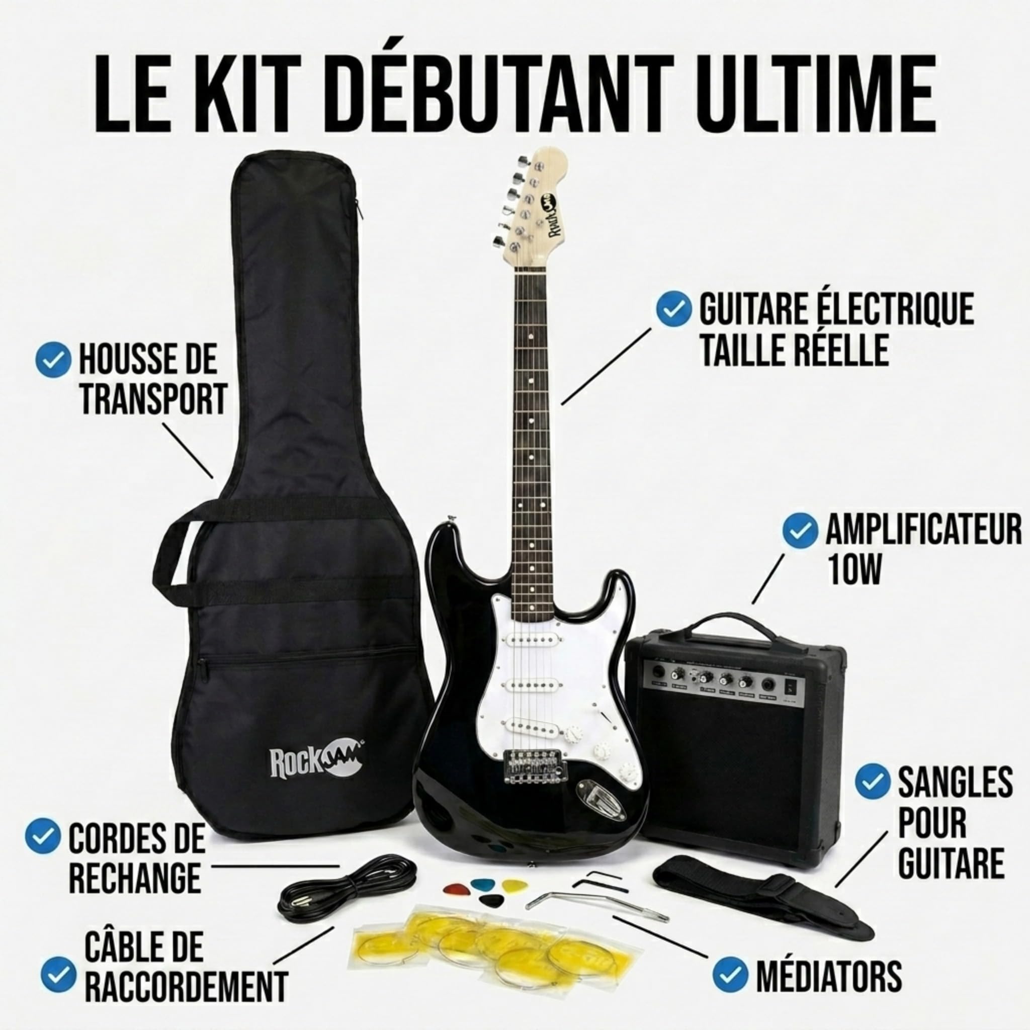 RockJam Kit Guitare Électrique Taille Standard pour Débutants, Noir, 6 Cordes avec Ampli 10 W, Housse, Sangle, Câble, Médiators et Vibrato
