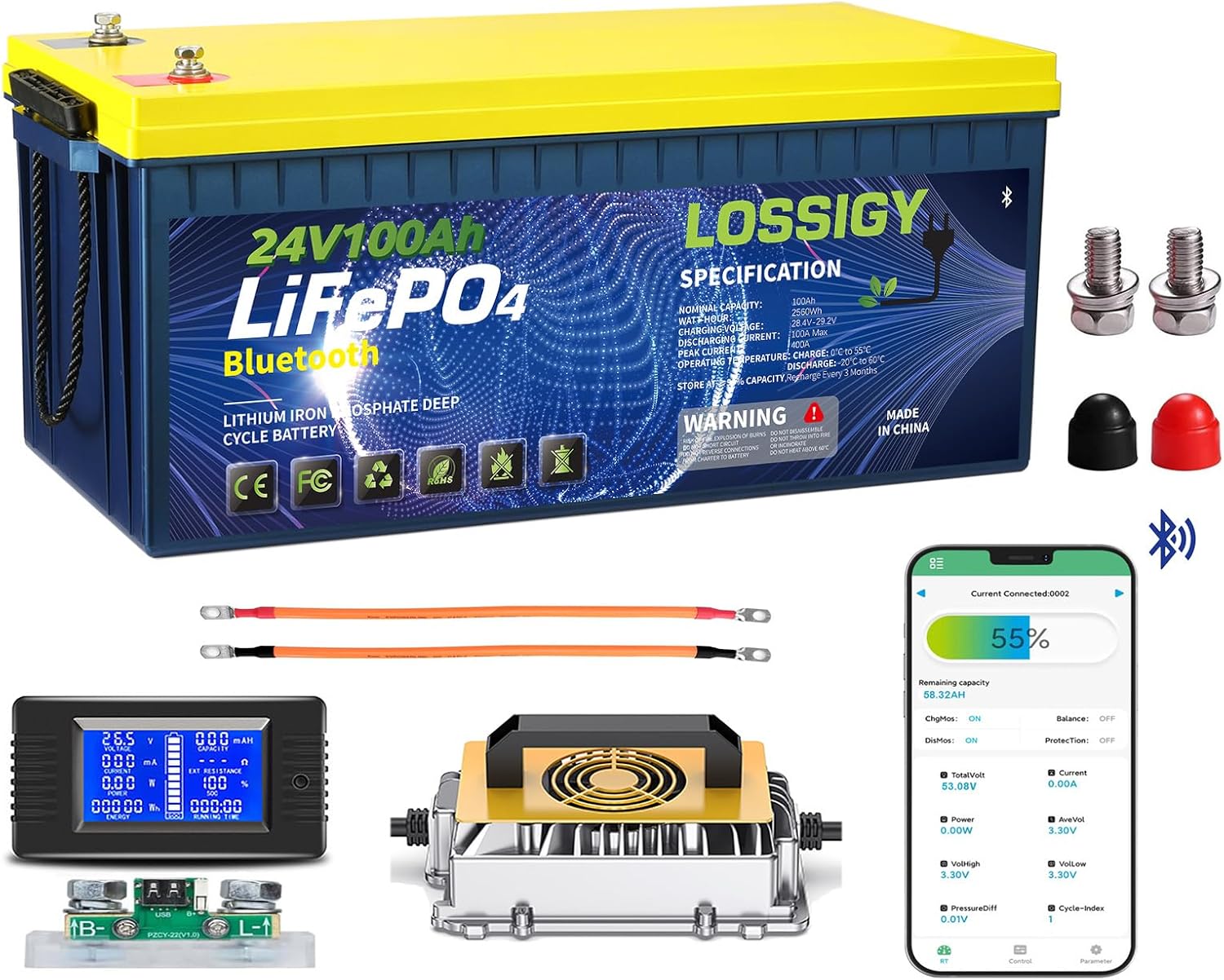 LOSSIGY 24V 100AH Bluetooth Lifepo4 Battery with 29.2V15A Smart Battery Charger,，2560W Deep cycle Lithium Battery，Peak Current 400A,Prefect for RV, trolling motor, Solar System, Marine, Boat