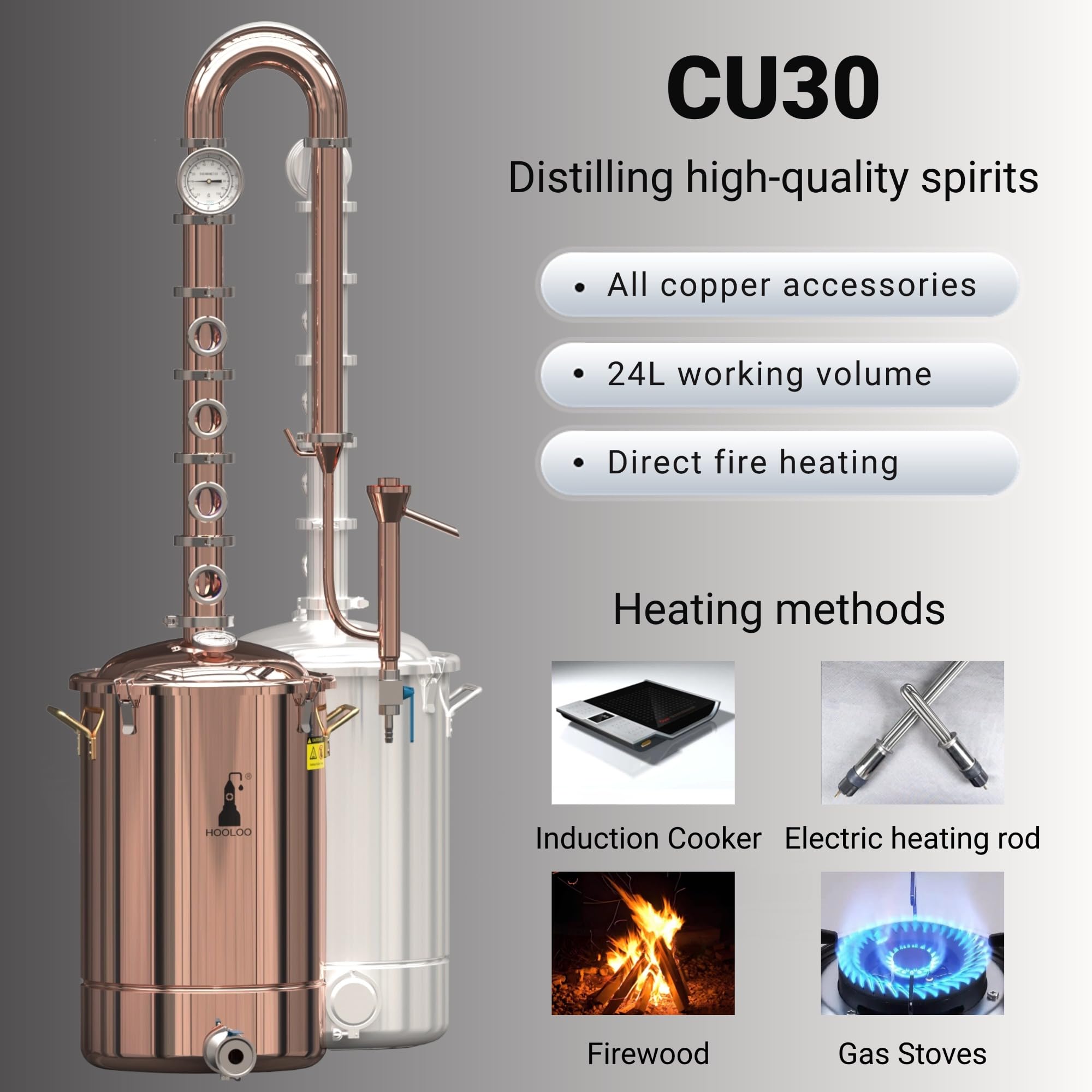 HOOLOO CU30 24L 6.3 Gal Alcohol Distiller Pure Copper Alcohol Still Wine Making Boiler moonshine still Home Distilling Kit with Thermometer for Whiskey Brandy Rum