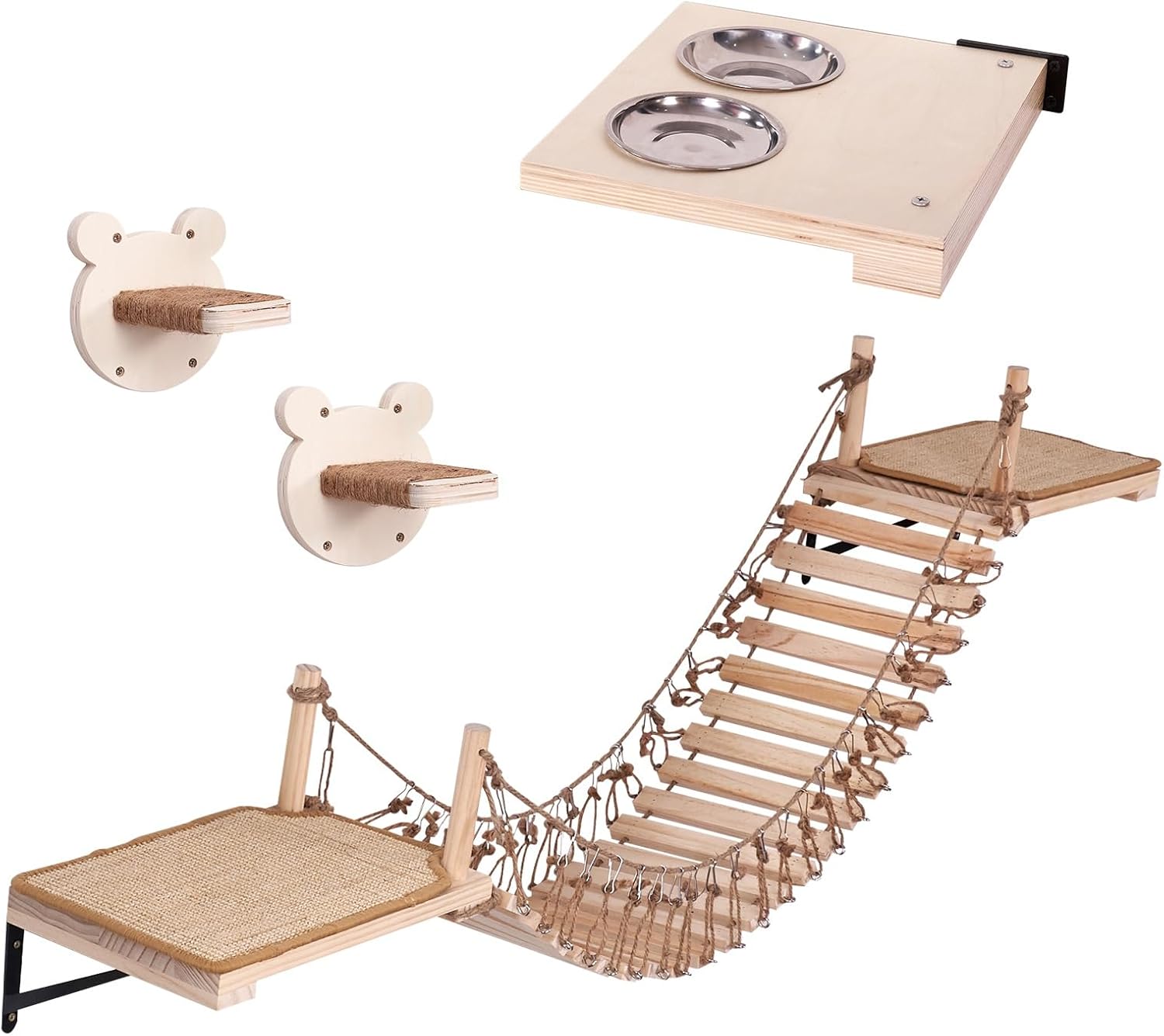 LitaiL Wall Shelves and Perches with Climing Cat Steps, Cat Wall Shelves with Food Bowls Set, Cat Wall Furniture, Cat Ladders Cat Bridges and Walkways for Walls(Set of 6) Cat Wall Shelves Set