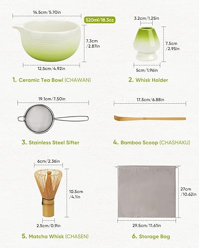 Miniatura 9 de Juego de batidor de matcha, kit de matcha degradado, cuenco de cerámica con boquilla (18 onzas), batidor de bambú, tamiz inoxidable, soporte para