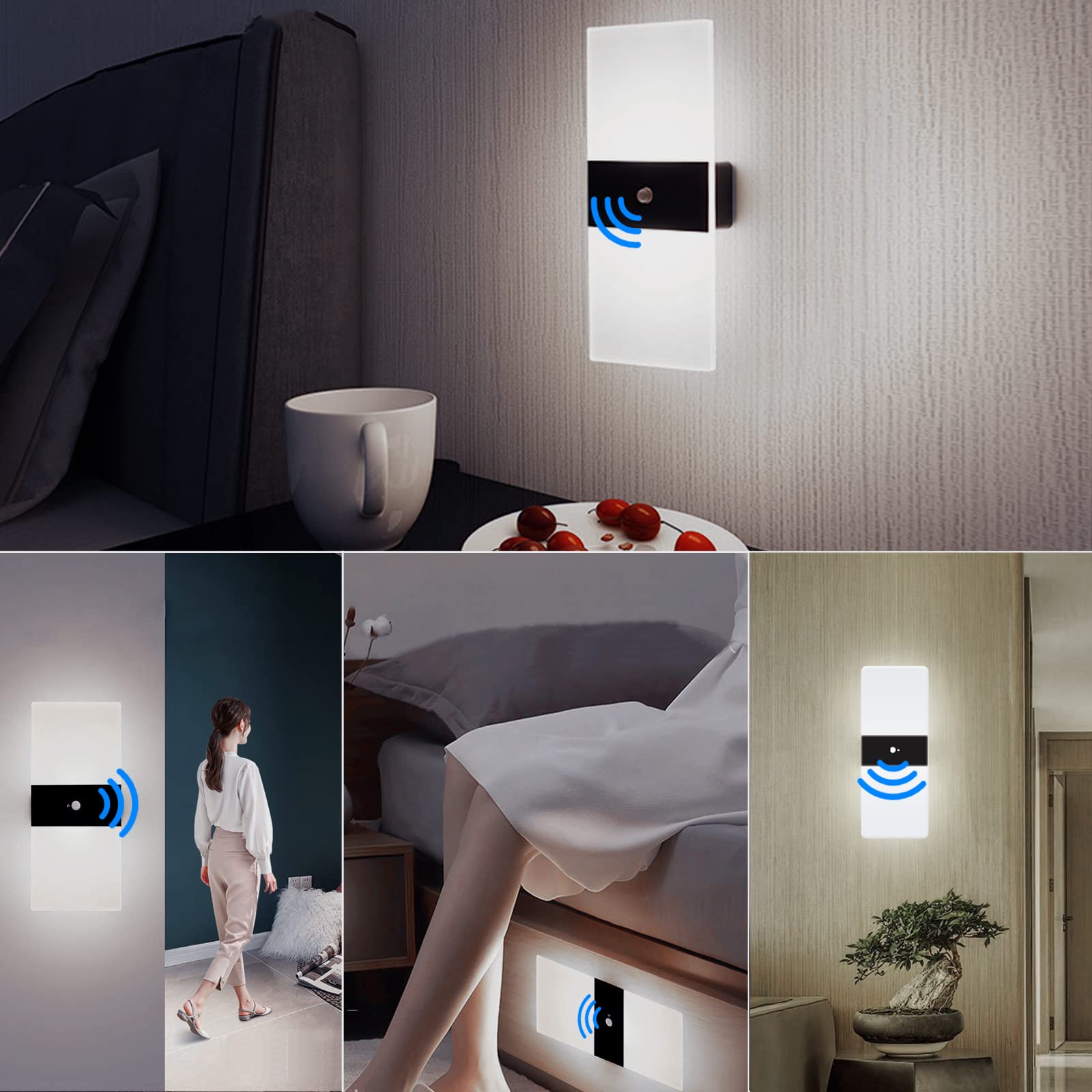 VOMI Applique LED da Parete Interno con Sensore di Movimento, Lampada da Parete Senza Fili Ricaricabile Luce da Parete a Batteria 4000 mAh Adesiva Illuminazione da Parete 2 Pezzi 6000K