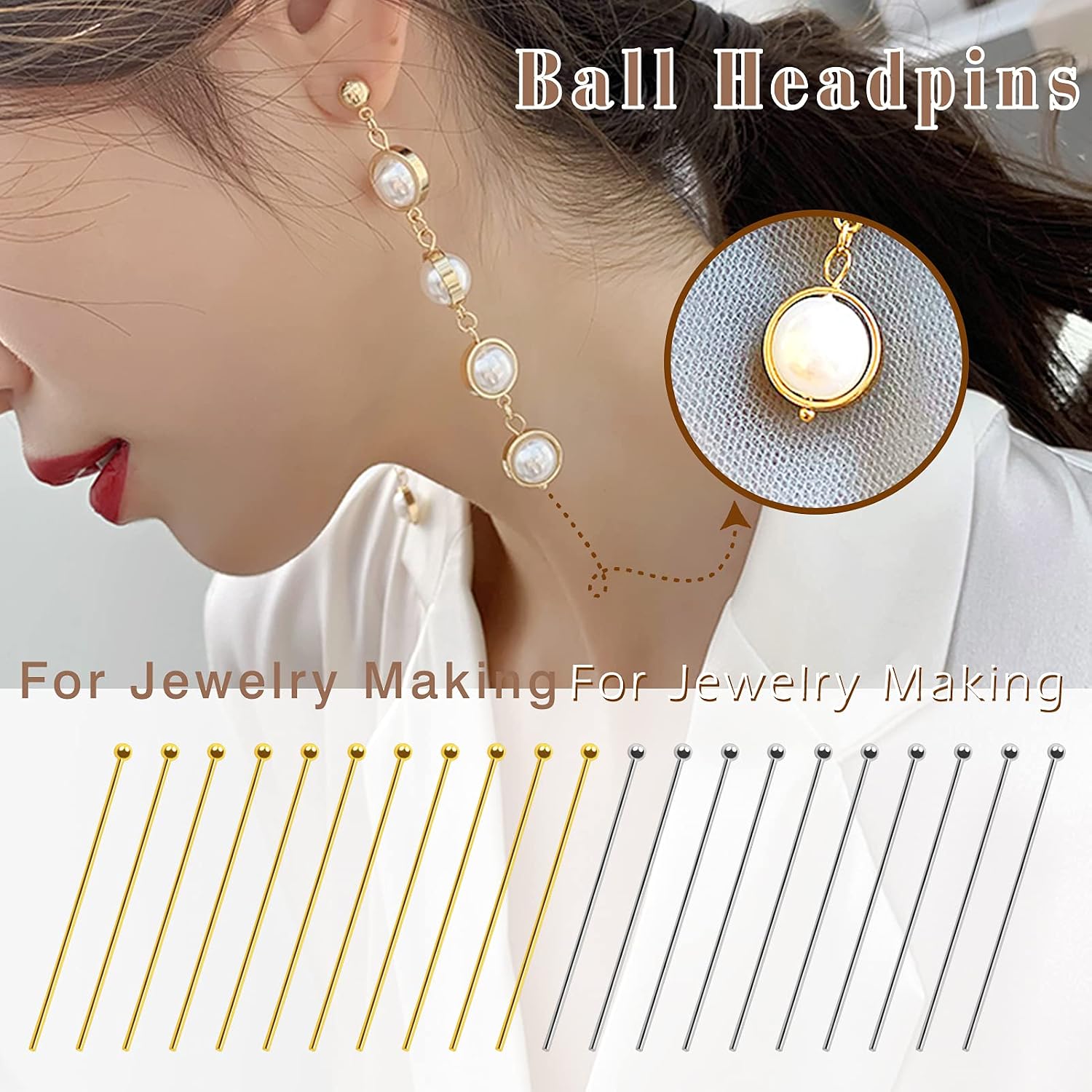 TOAOB 200pcs Ball Head Pins for Jewelry Making Brass Ball Pins 1.8 Inch 22 Gauge Gold Silver Headpins for DIY Beads Crafts Earring Bracelet Necklace Jewelry Making