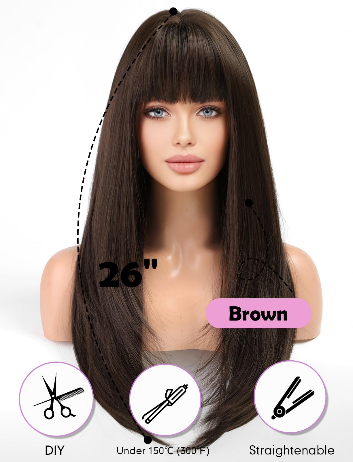 WOKESTAR Brown Wigs for Women Layered Straight Long Wig with Fringe, Dark Brown, 26 inch - Image 3