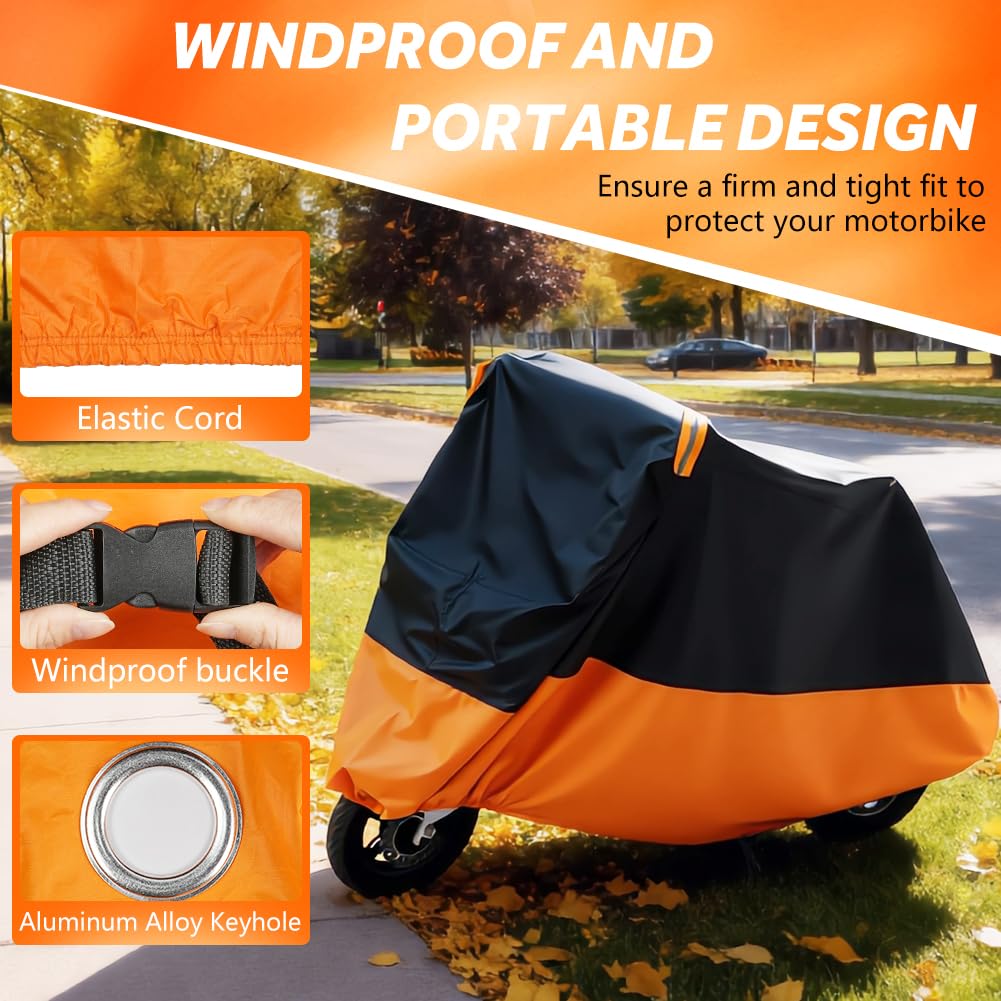 Funda Moto Impermeable Exterior Interior, 210D Tela Oxford con Tiras Reflectantes Resistente Agua, Sol y a Los Excrementos de Pájaros para Variedad de Motocicletas-265x105x125CM — view 5