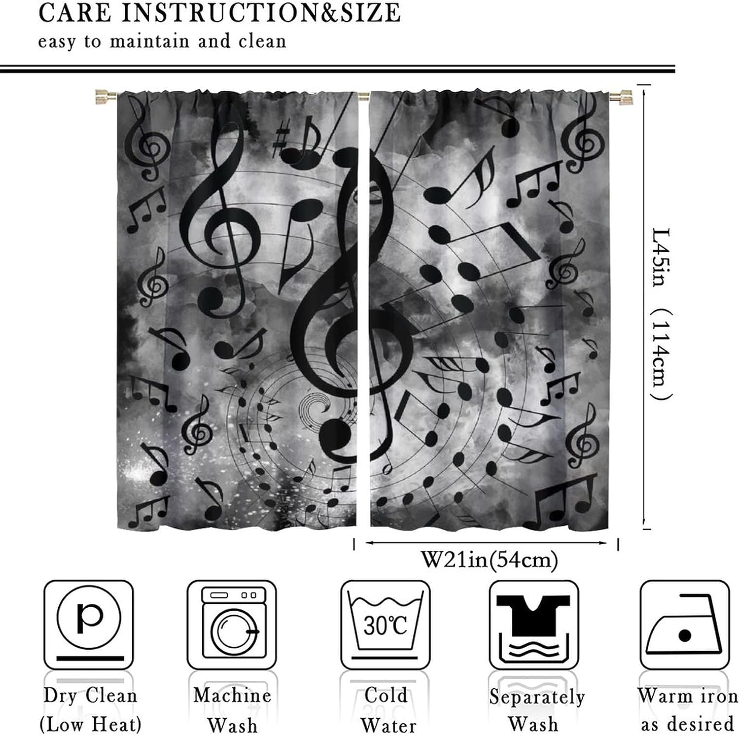Fantasy Music Note Theme Blackout Curtains for Bedroom,Vintage Rustic Black Grey Symbol Design Window Curtains Rod Pocket 2 Panels 45L x 21W
