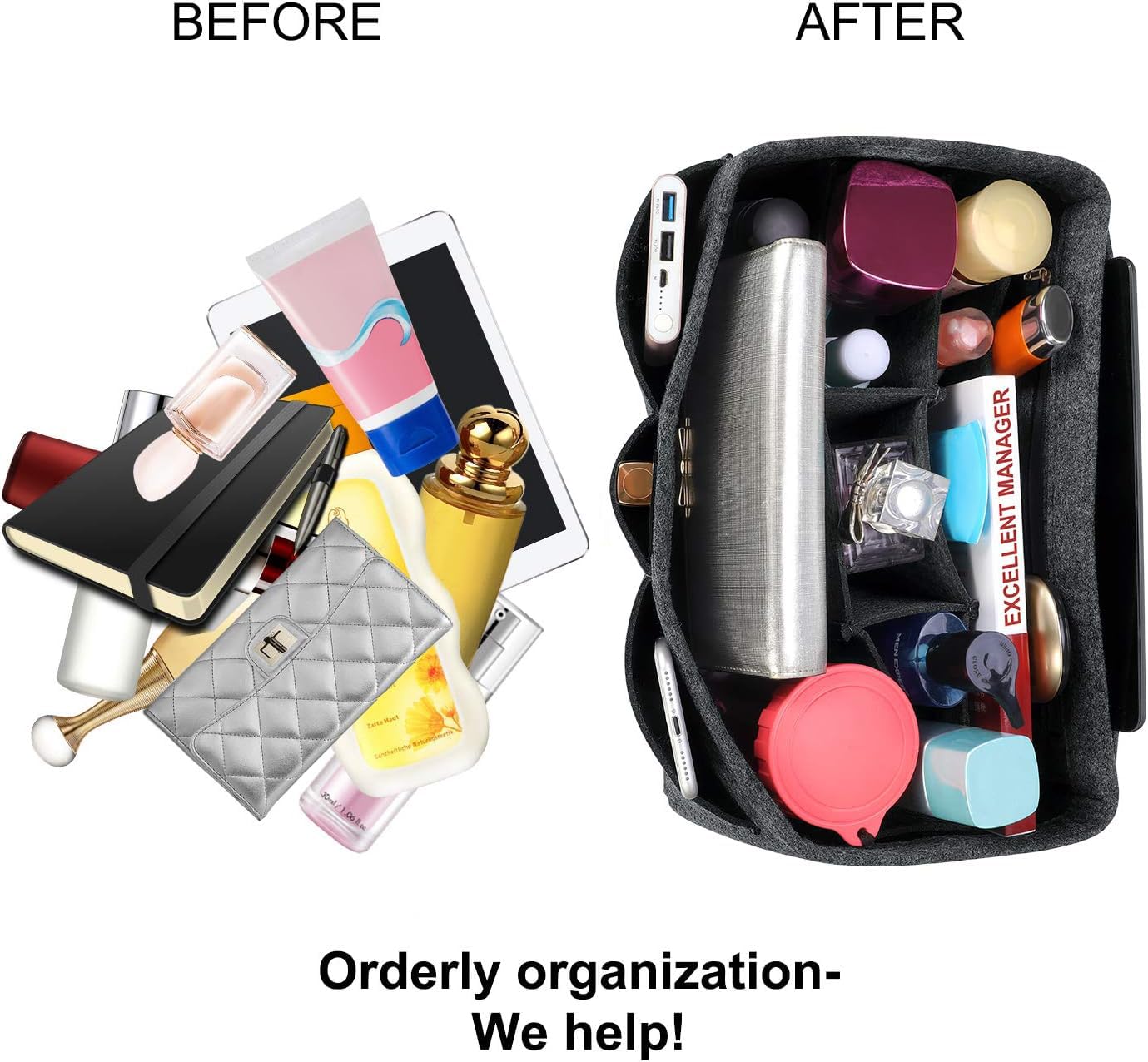 Organizador de Bolso de Fieltro, Multi-Bolsillo Organizador Bolso Insertar Bag in Bag Bolso Cosmético para Mujer