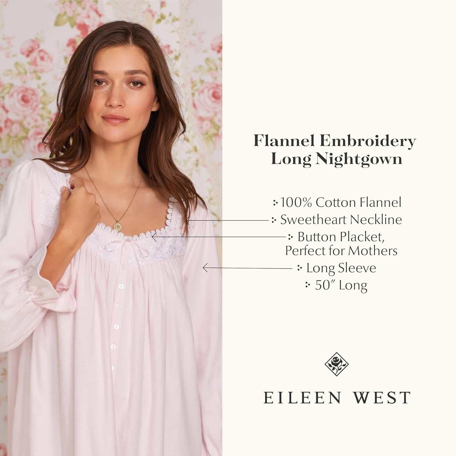 Eileen West Womens Sleepwear & Loungewear - Brushed Flannel Collection - 100% Cotton Long Sleeve 50" Long Ballet Nightgown - Image 5