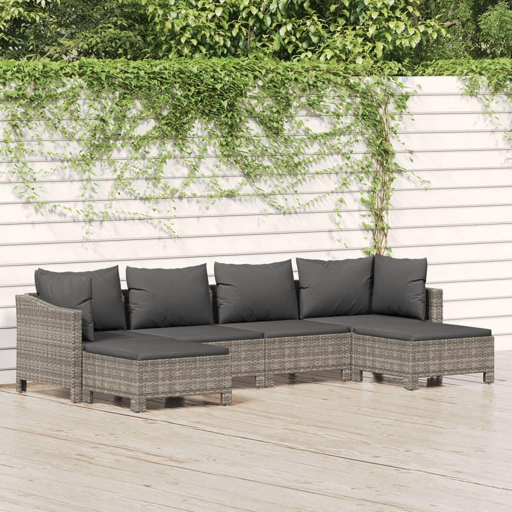 Set Divani da Giardino 6 pz con Cuscini in Polyrattan Grigio per Esterni Lounge Tavolo Sedia Relax Modulare Resistente per Terrazza Balcone Patio Veranda Arredo Outdoor