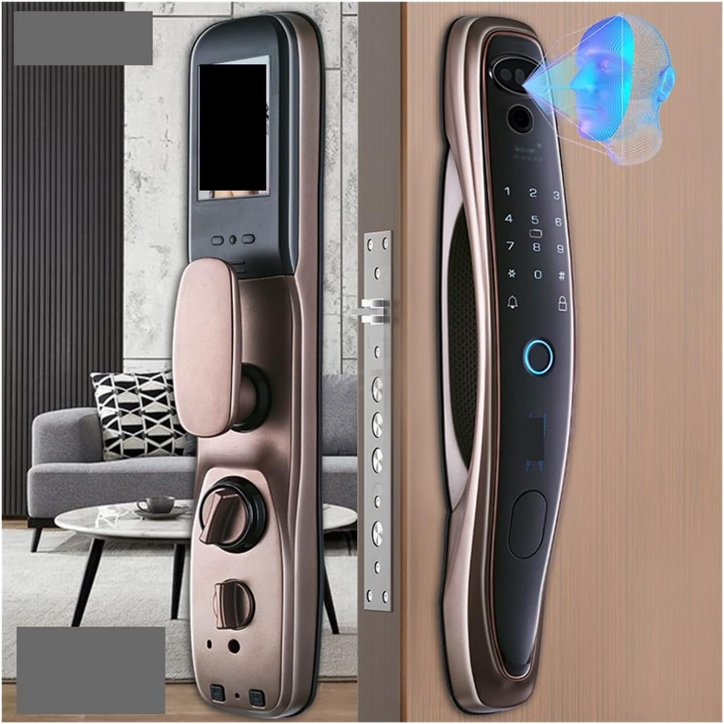 Compatible with Smart 3D Face Door Lock Security Face & Camera Monitor Smart Fingerprint Password Biometric Electronic Key Unlock (Color : Q8-R-Black-Y)