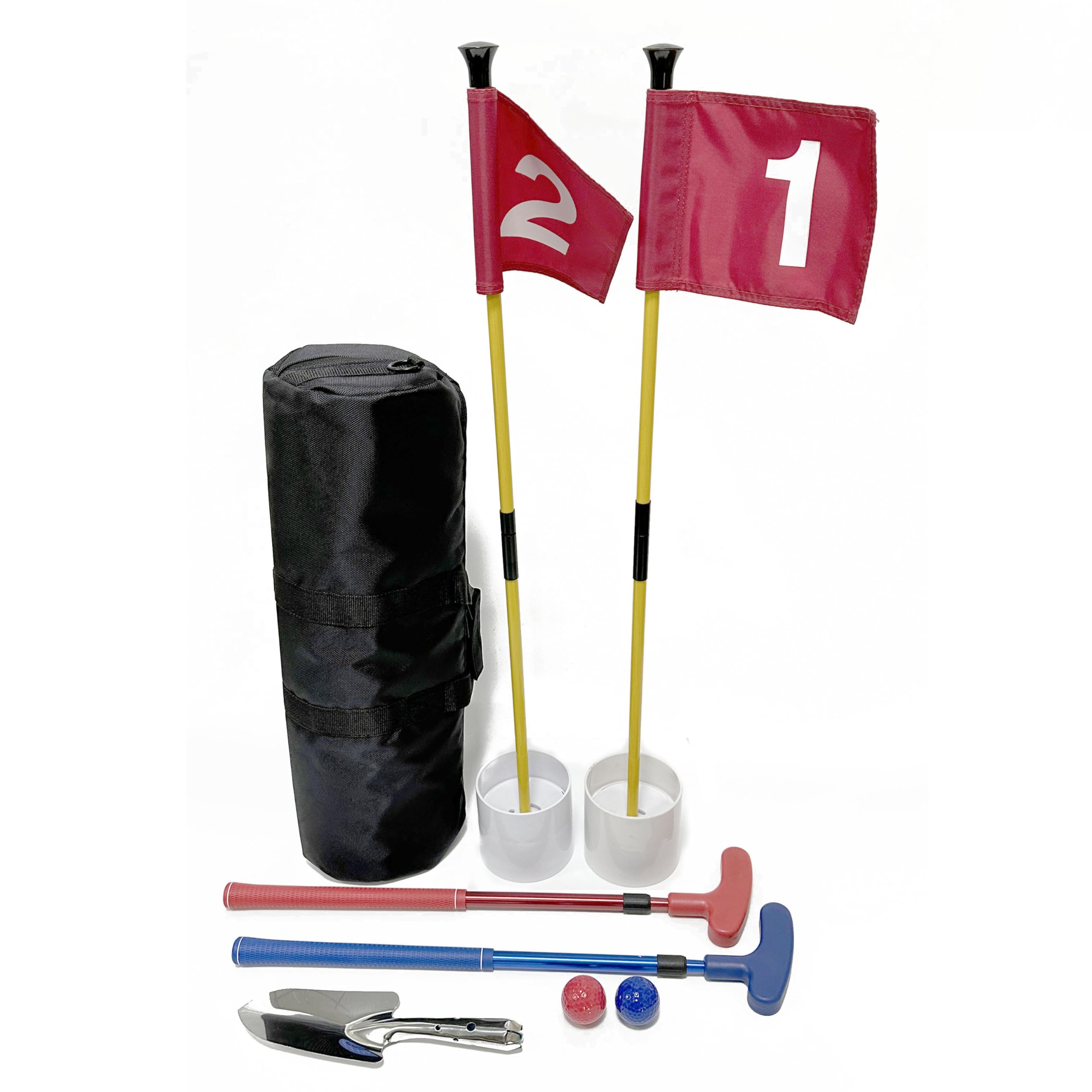 HH-GOLF Mini Golf Course for Beach Backyard Putting Game, 2 Adjustable Putters, 2 Golf Flags & Putting Hole Cups, 2 Balls, 1 Digger and 1 Travel Bag