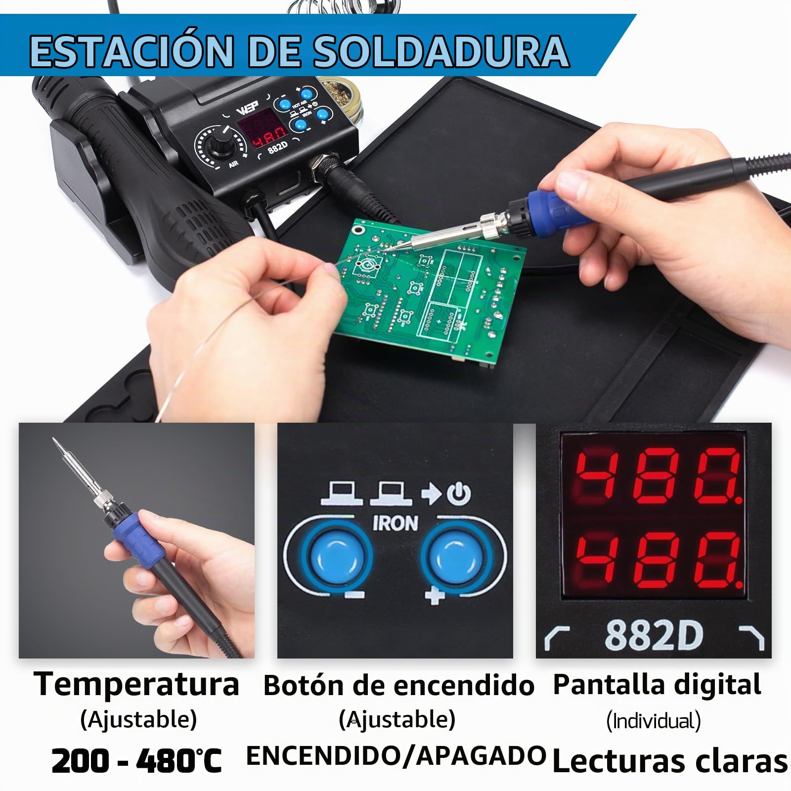 WEP 882D Estación de soldadura de aire caliente SMD 2-en-1 con 2 carrede de alambre de soldadura, 3 toberas de aire caliente, limpide lana de lat, pinzas, bomba Desoldering (EU Plug)