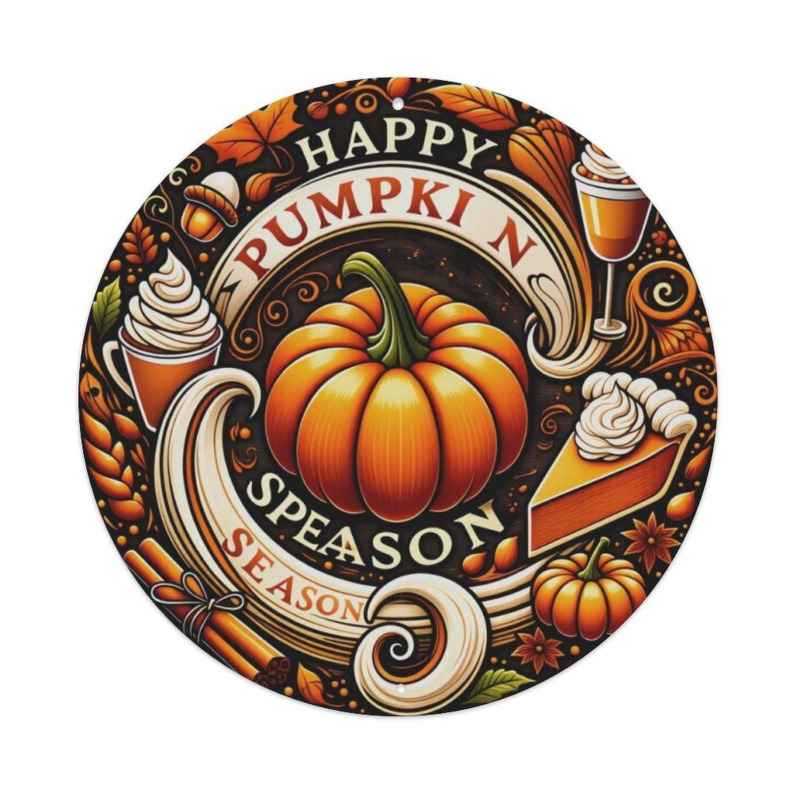 Happy Pumpkin Fall Season Round Sign Vintage Aluminium Metal Sign, Retro Wall Decor for Home, Bar, Garage & Farmhouse 20x20cm