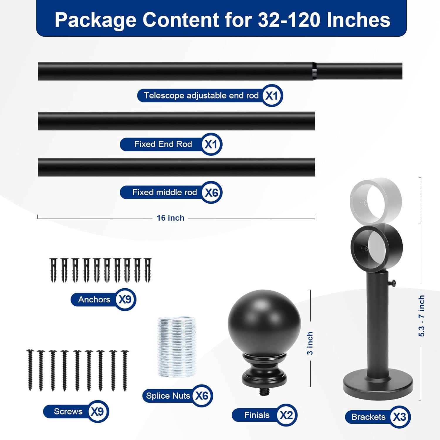 Black Curtain Rod for Windows 32-120 Inches Adjustable - 1 Inch Diameter Heavy Duty Seamless Connection Drapery Rod for Living Room, Hidden Screw Brackets, Reinforced Metal