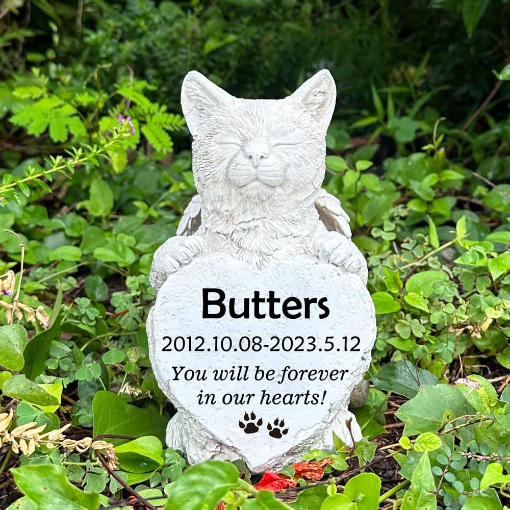 MARYTUMM Angel Cat Holding Heart Memorial Stone, Cat Garden Statue Pet Headstone, Custom Pet Grave Markers for Cat, Outdoor Loss of Pet Cat Sympathy Gift