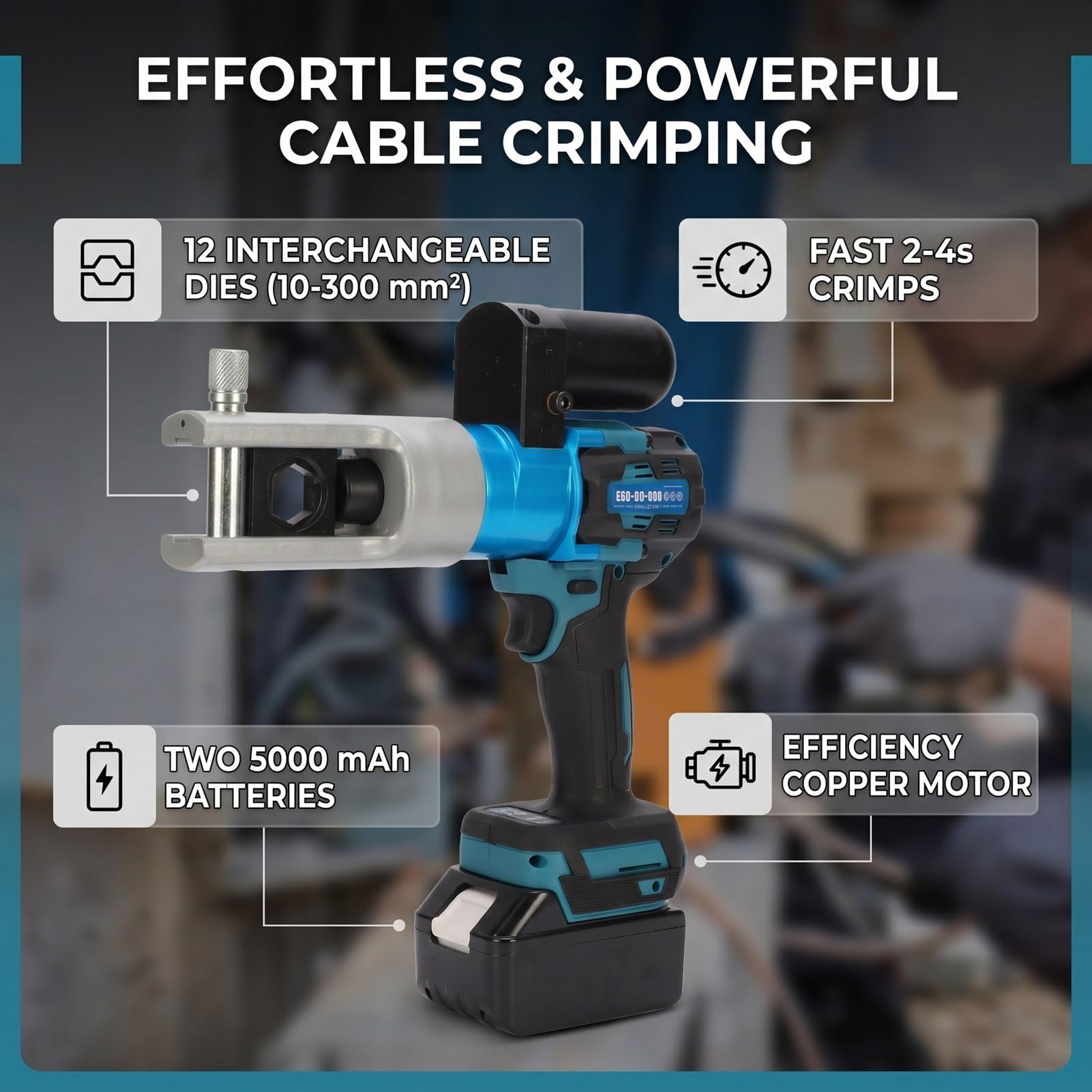 Fafeicy Herramienta de Crimpado Electrohidráulica a Batería — Crimpadora de Cables Portátil con 12 Matrices para Terminales de Cobre y Aluminio (para electricistas)