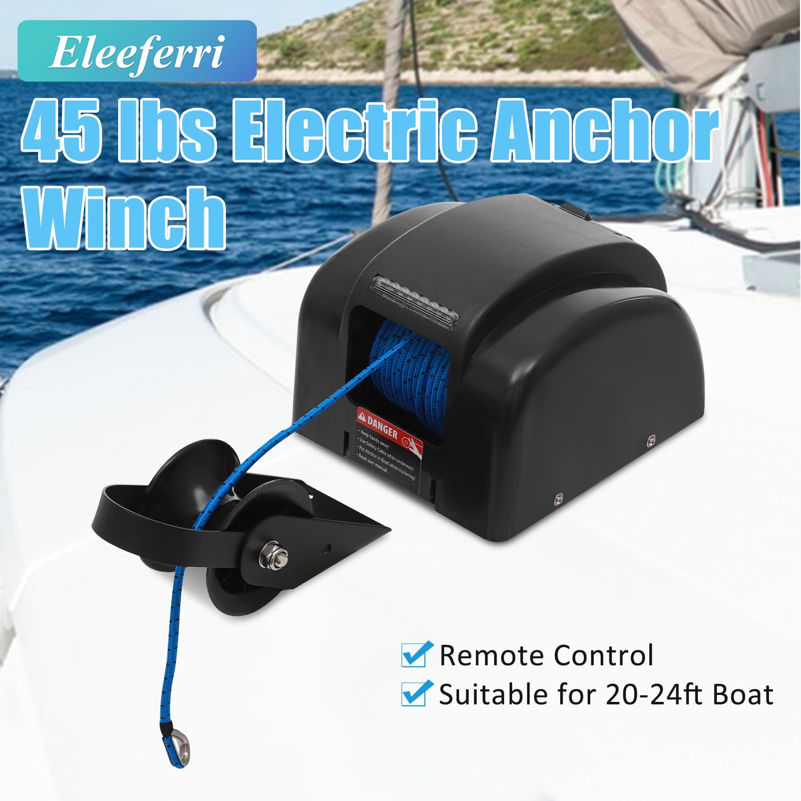 Eleeferri Electric Boat Anchor Winch Kit 12V Saltwater Marine Anchor Windlass System with 100ft Anchor Rope Remote Control Heavy Duty Towing Winches for 24ft Fishing Boat Pontoon Boat (Black, 45 LBS)