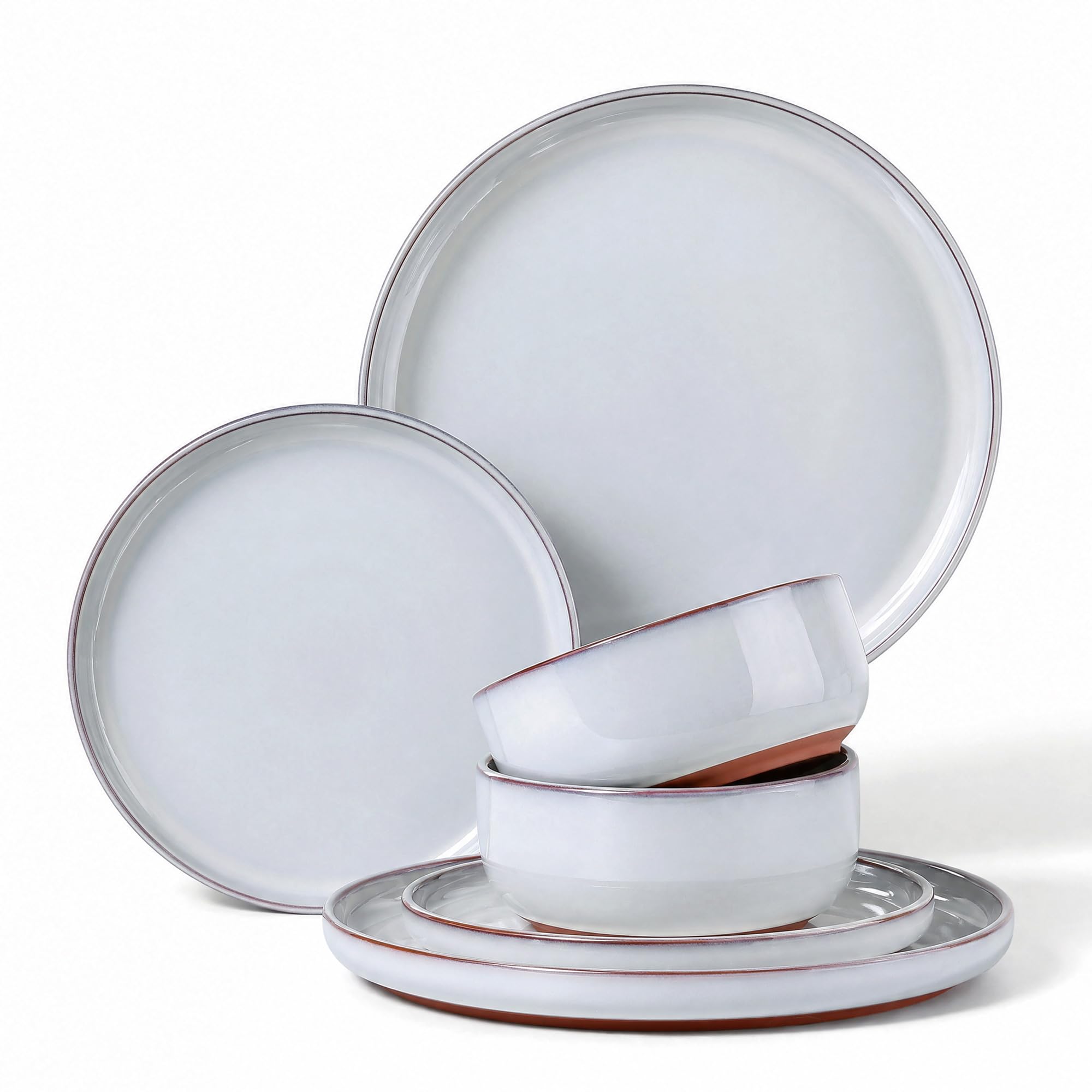 HaWare Dinner Set, 6 Piece Stoneware Dinnerware Service for 2, Reactive Glaze Plates and Bowls Set with Rustic Terracotta Base, Chip and Scratch Resistant, Microwave & Dishwasher Safe, Glacier White