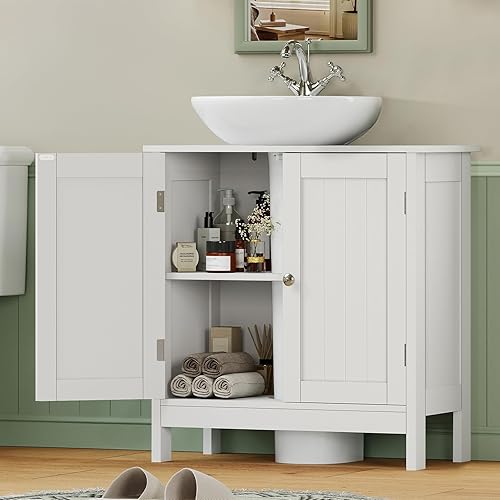 Miniatura 4 de Iwell Armario de almacenamiento para fregadero de pedestal con 2 puertas y estante, gabinete debajo del fregadero, gabinete de lavabo de baño con