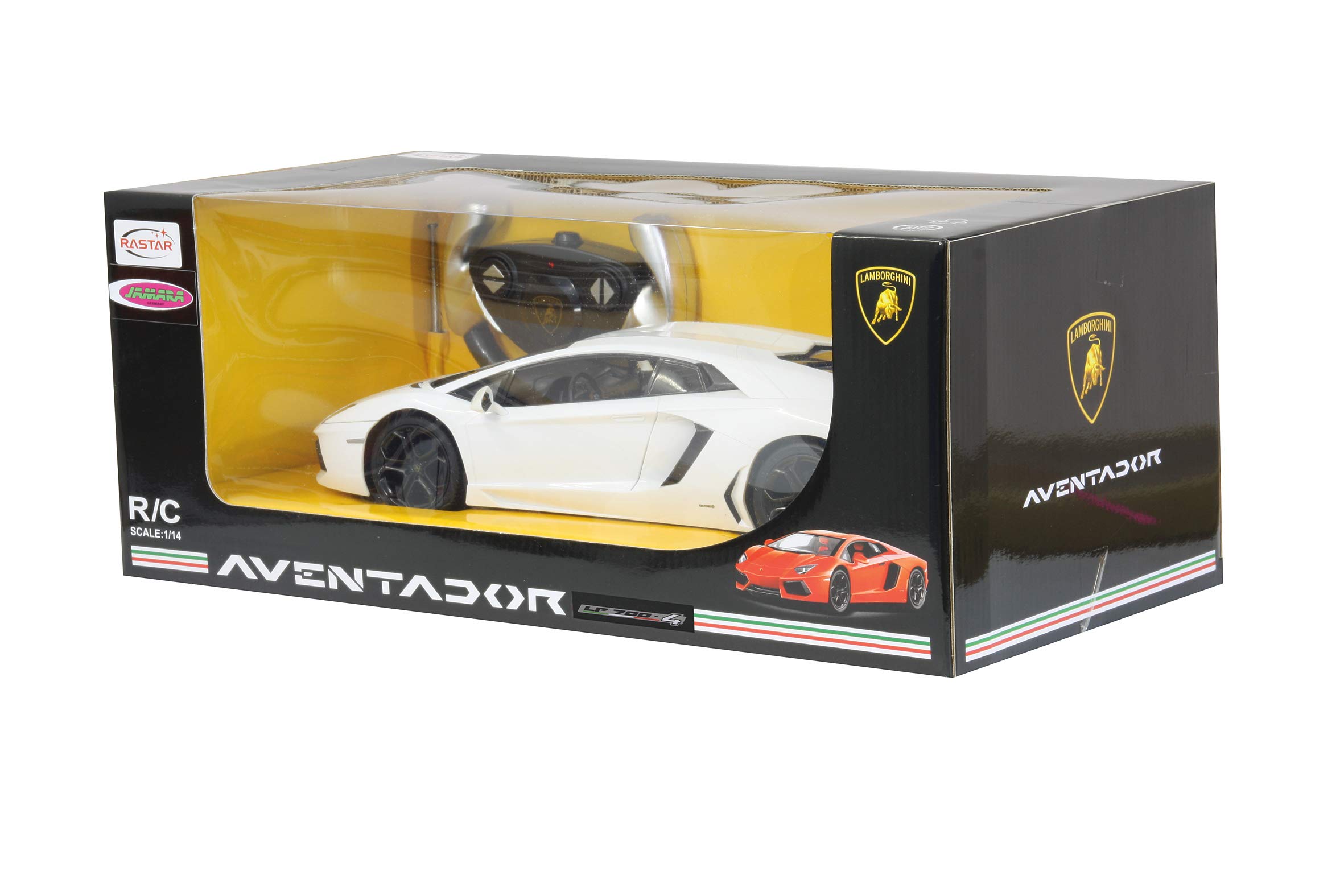 Jamara 404316 Samochód Lamborghini Aventador 1:14 2,4 GHz-oficjalnie licencjonowany, do 1 godz. czasu jazdy przy 11 km/h, LED, idealnie odwzorowane szczegóły, szczegółowe wnętrze, wysokiej jakości wykonanie, biały