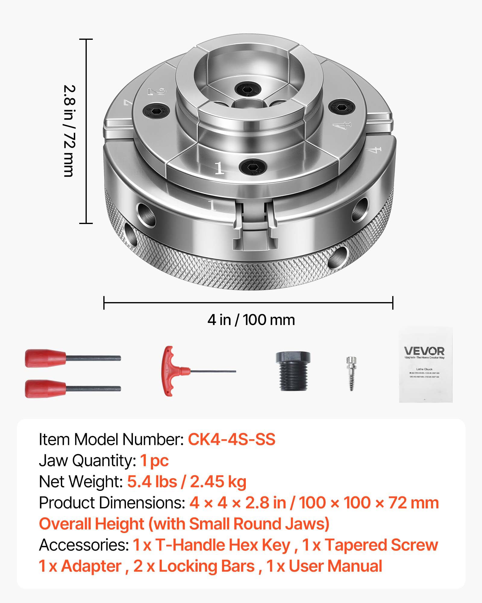 VEVOR Mandril para Torno de Madera 4 pulgadas 4 Mordazas, Juego de Mandril Autocentrante con Rosca de 1 pulgada x 8 TPI y Adaptador, Niquelado, Acero de Alta Dureza, para Trabajos de Carpintería