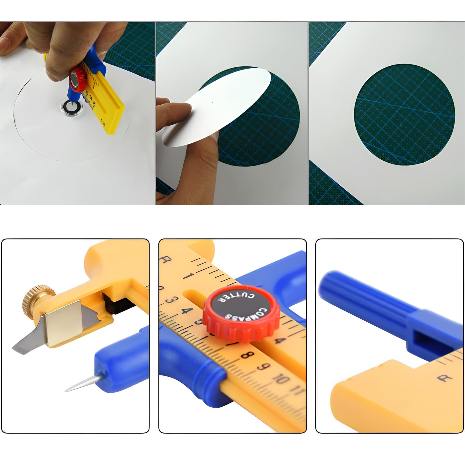 Taglierino A Compasso, Taglierina Circolare di Precisione da 1-15 cm per Tagliare, per Tagliare Carta Cartone Pelle, Taglierina Rotonda in Plastica e Ottone