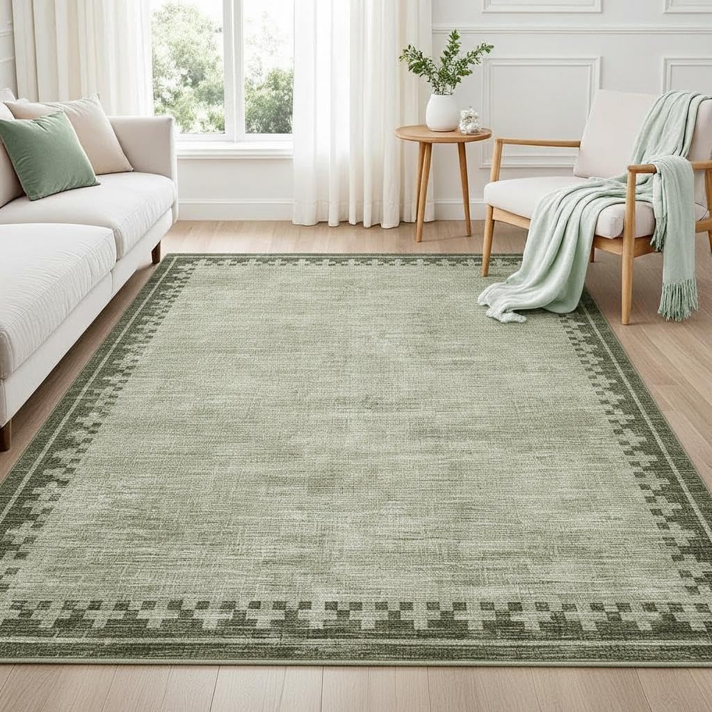 GarveeHome 5x7 Area Rug Washable Living Room Non Slip Modern Border Large Bedroom Throw Carpet Soft Stain Resistant Geometric Dining Room Rug Low Pile Cross Carpets for Nursery Dorm Home Office, Green