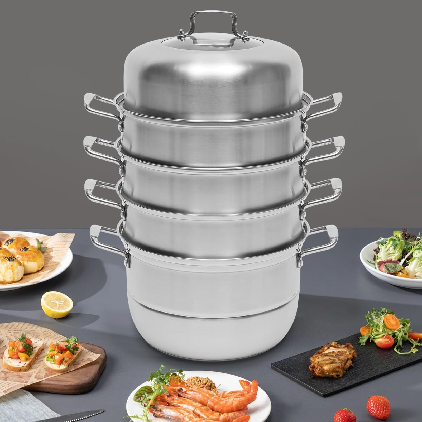 Dampfgarer Kochtopf Dampfkocher Mit Glasdeckel 304Edelstahl Steamer Edelstahl 5Etagen Mantowarka Gardampftopf Induktion Schongarer FüR Gaskochfelder Induktionskochfelder 32CM Silber