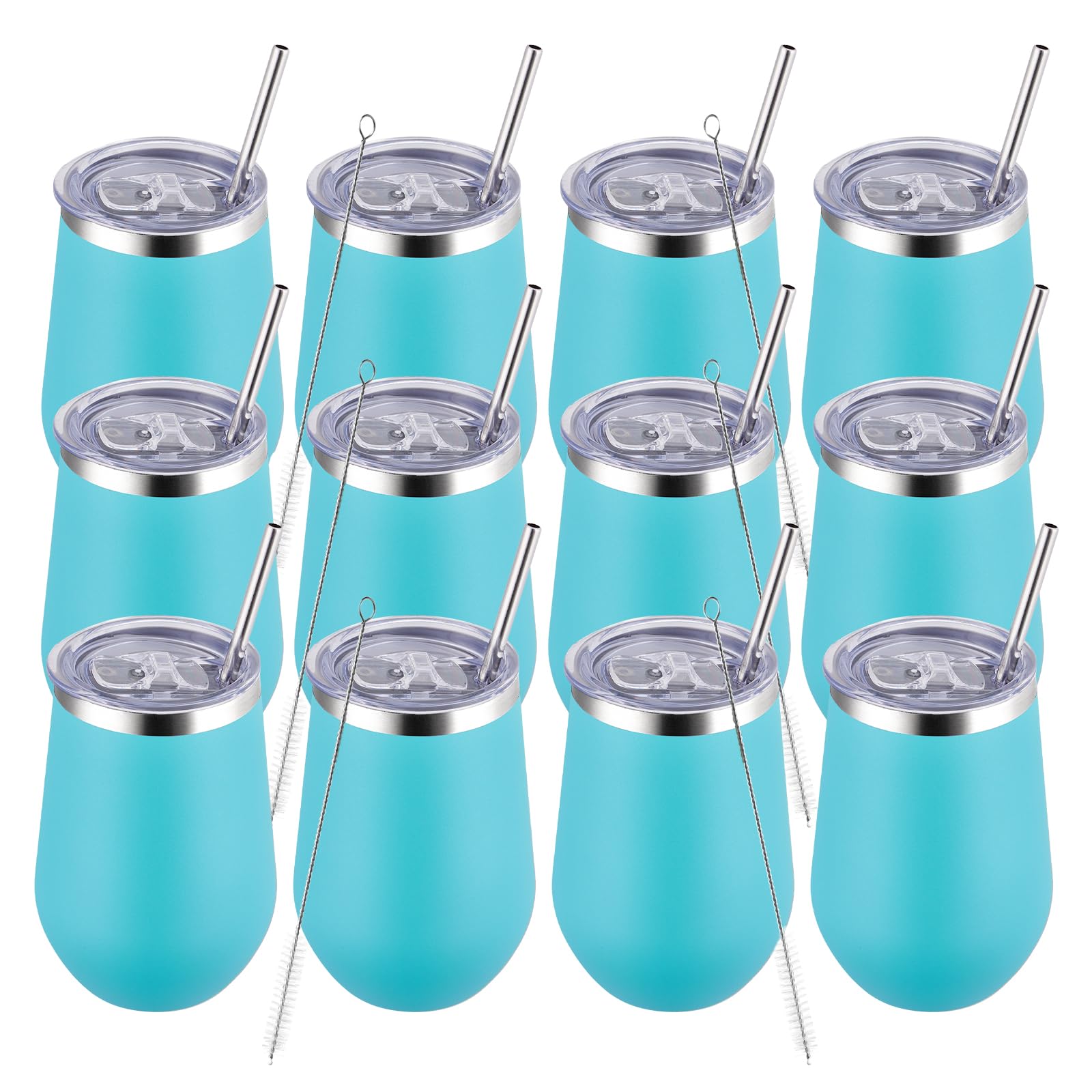 MEWAY Stemless 12oz Insulated Wine Tumbler with Lid and Straw - Double Wall Stainless Steel Thermal Cup for Hot and Cold Drinks, Ideal for Bridal and Baby Shower Game Prizes(Light Green,Set of 12)