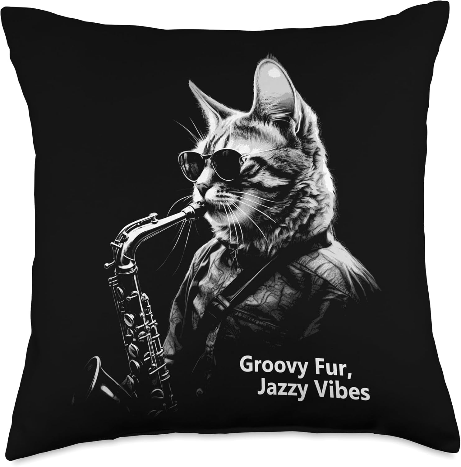 Jazz Cat Playing Saxophone Groove Music Throw Pillow