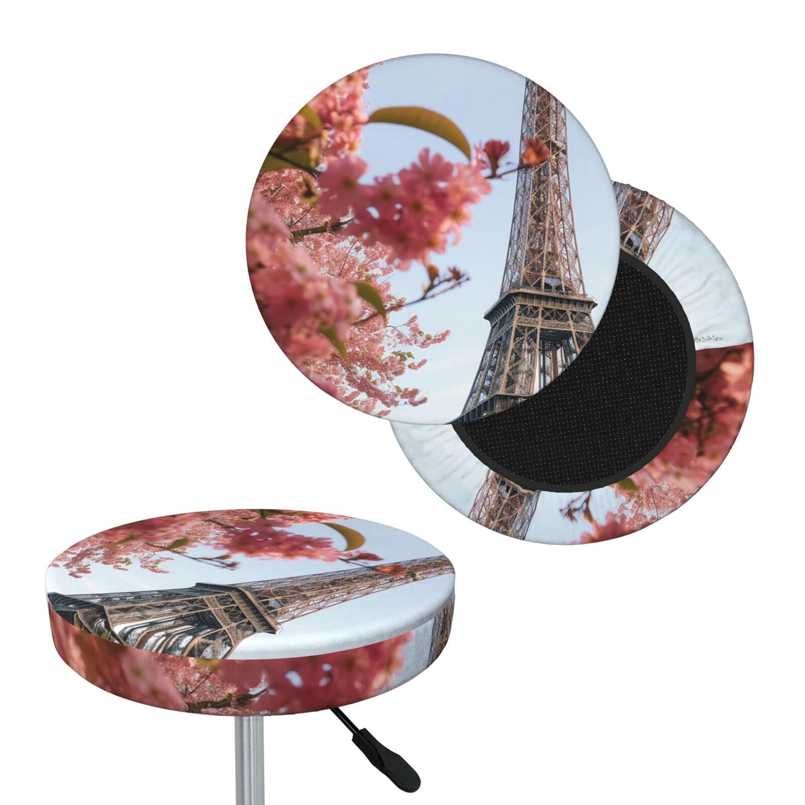 NONHAI Paris Eiffel Tower Flower Bar Stool Cover Round Elastic Stool Cushion Covers Dustproof Bar Chair Cover Washable Stool Cushion Slipcover Stretch Stool Seat Covers for 12-14 Inch Chair