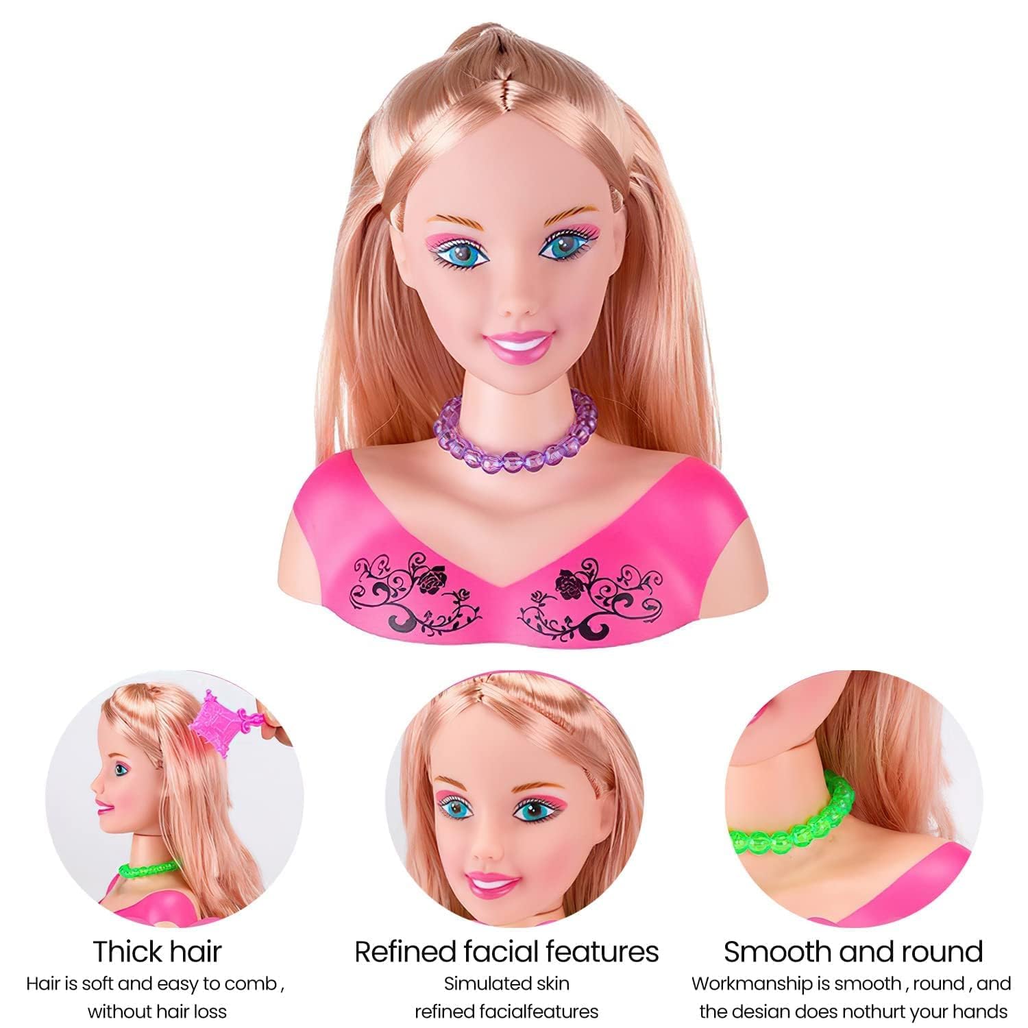 Tete da parrucchiere, 35 pezzi, testa da parrucchiere e truccare, set di giocattoli, giocattolo da ragazza per 1-9 anni, bambola styling headdressing
