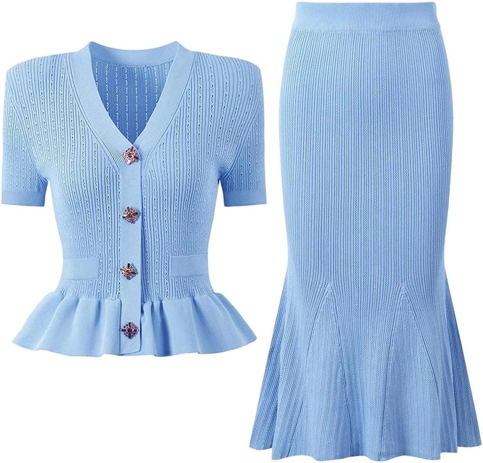 Women's Knitted Two Piece Set Short Sleeve Knit Cardigan Fishtail Long Skirt Suit Outfit