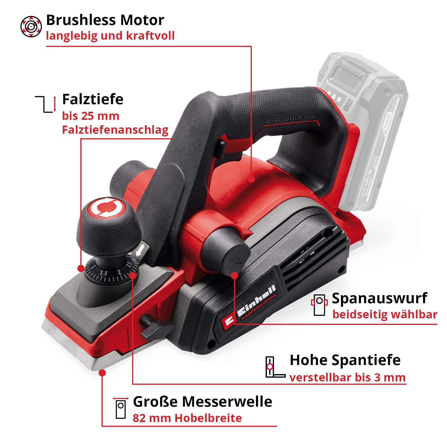 Einhell Professional Akku-Hobel TP-PL 18/3 Li BL-Solo Power X-Change (18 V, Brushless, 82 mm Hobelbreite, bis 3 mm Spantiefe, Falztiefen-/Parallelanschlag, inkl. 2x Wendemesser, ohne Akku)