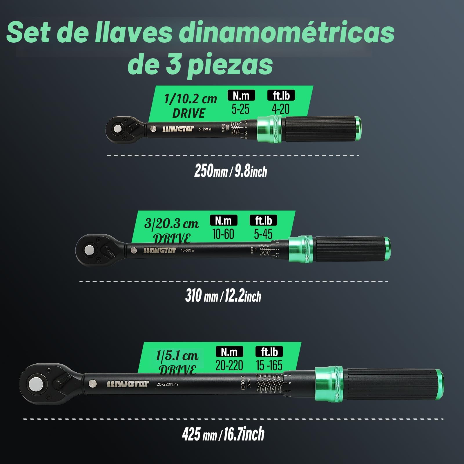 Juego de llaves dinamométricas de 3 piezas, 1/4, 1/2 y 3/8, 5-25 N.m, 10-60 N.m, 20-220 N.m, llave dinamométrica bidireccional para mantenimiento de bicicletas, motocicletas y coches