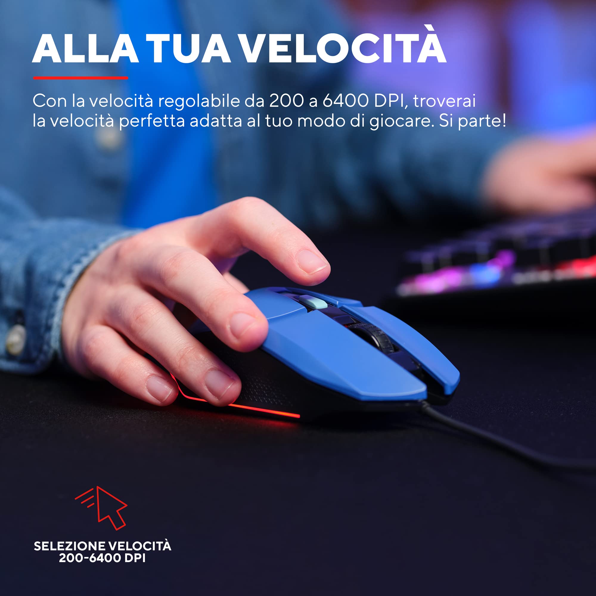 Trust Gaming GXT 109B Felox Mouse Gaming con 6 Pulsanti Programmabili, Illuminazione LED Multicolore, Software Incluso, 200-6400 DPI, Mouse con Filo USB 150 cm per PC, Portatile, Computer - Blu