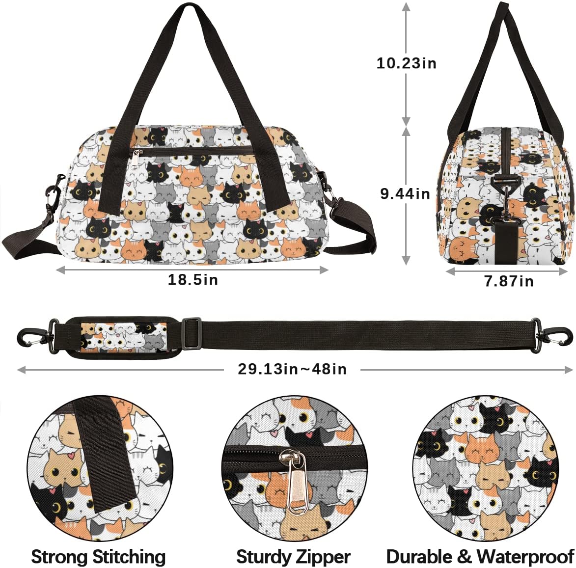Cute Cats Kitten Duffel Bag for Kids - Sport Gym Overnight Weekender Tote Teen Dance Travel Gymnastic