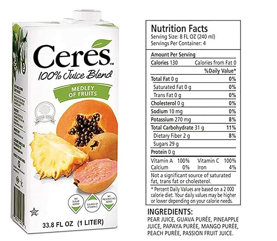 Ceres 100% All Natural Pure Fruit Juice Blend, Medley of Fruits - Gluten Free, Rich in Vitamin C, No Added Sugar or Preservatives, Cholesterol Free - 33.8 FL OZ (33.8 FL OZ Pack of 1)