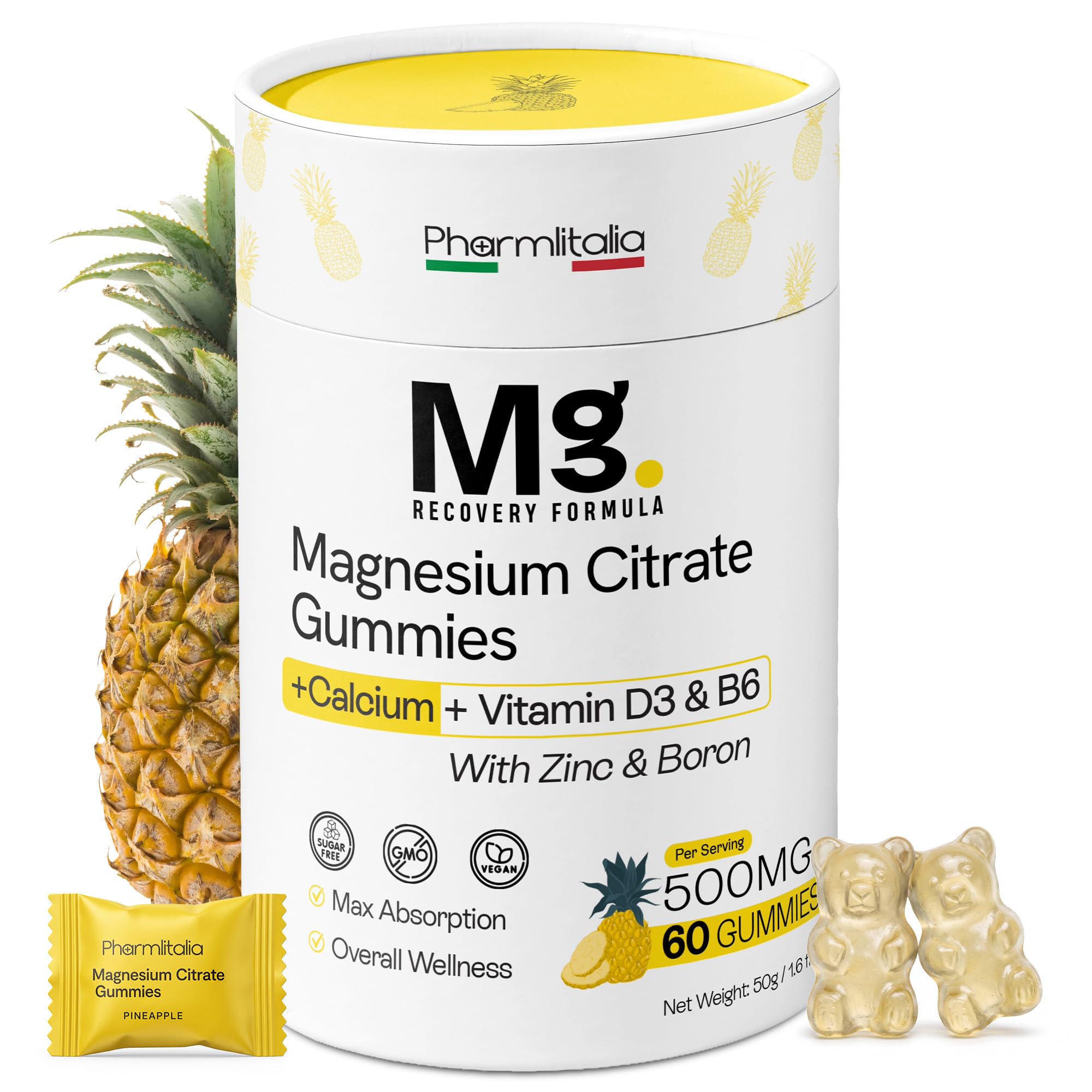 Magnesium Citrate Gummies 500mg for Adults – Magnesium Gummies for Adults for Muscle Relaxation, Nerve & Bone Support – High Absorption Magnesium Gummies, Pineapple Flavor, 60 Count