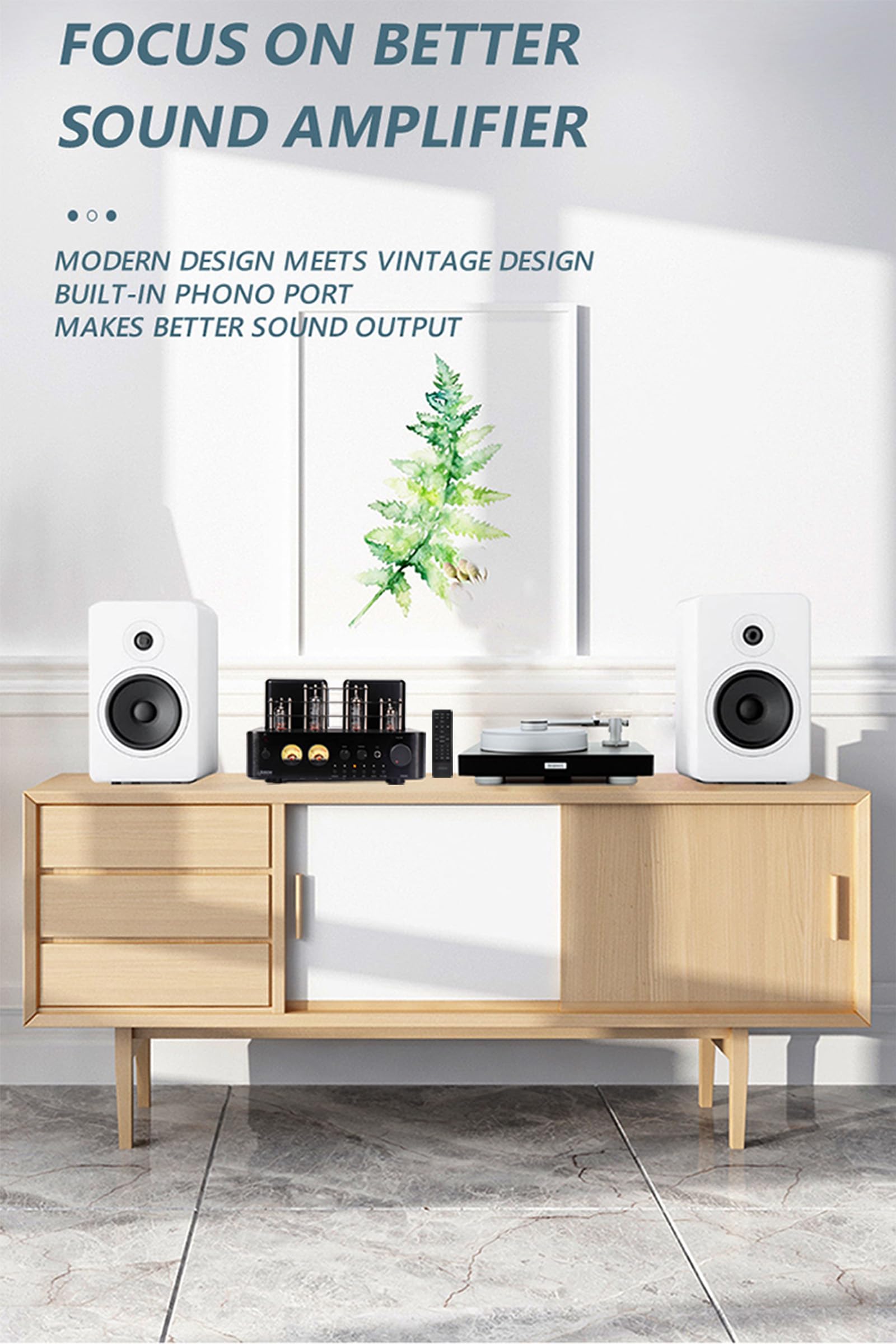 Juson Audio JTA50 Amplificador de Tubo de Nivel básico HiFi Amp con BT 5.0, Control Remoto, AUX, Coax, Phono y Entrada USB, Salida de subwoofer, 2.1 Canales para Tocadiscos