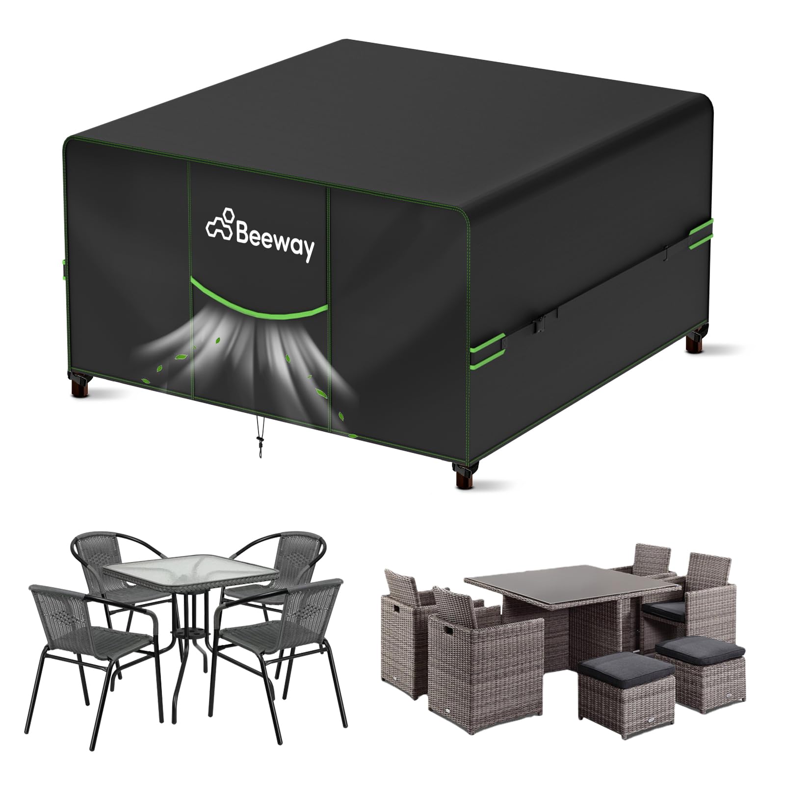 Beeway Black Garden Furniture Cover With Air Vent, Waterproof Patio Rattan Sofa Table Chair Set Cover - 420D Oxford Fabric, Windproof - 150X150x73cm
