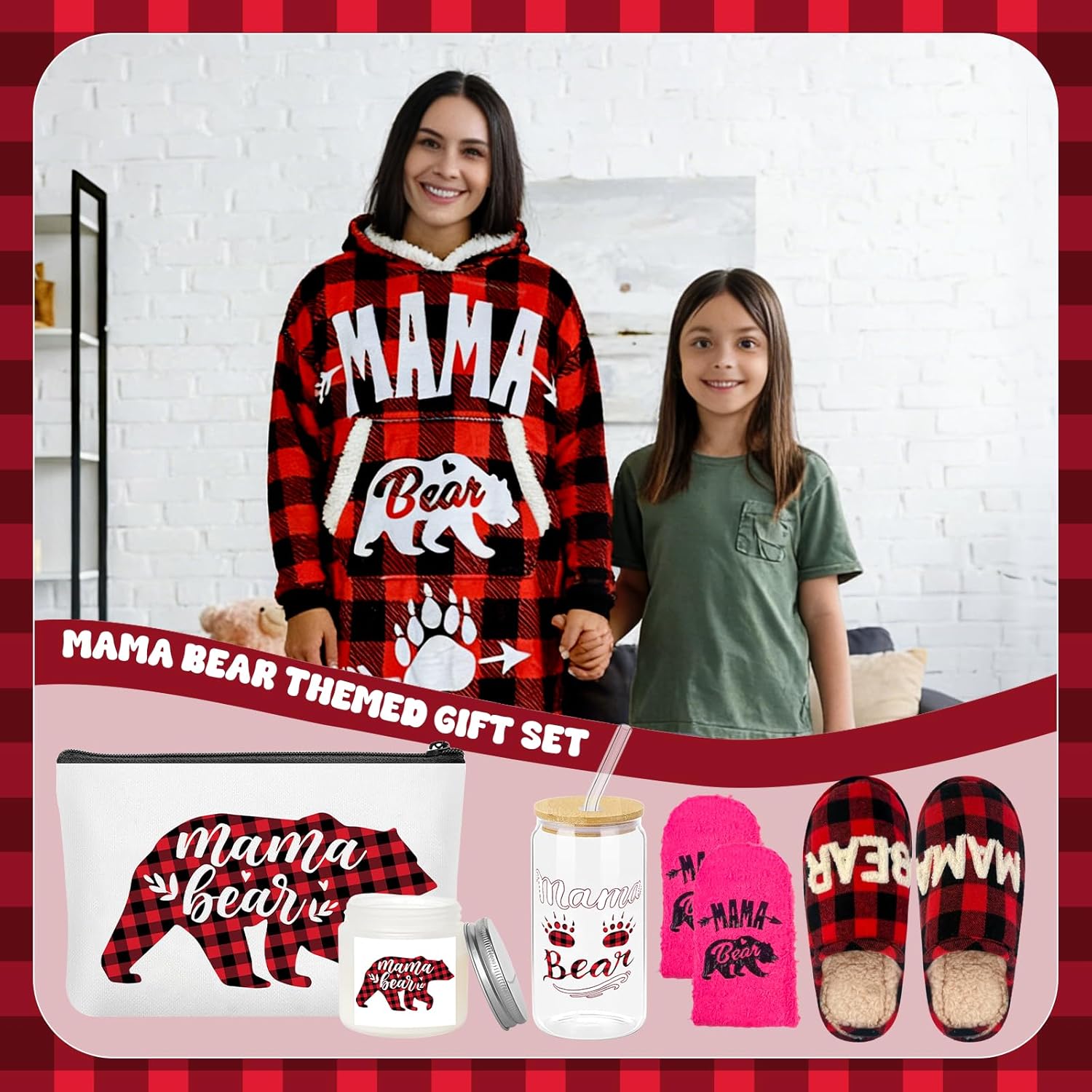 6 Pcs Mama Bear Gifts for Mom Include Cup Slippers Wearable Hoodie Aromatherapy Candle and Makeup Bag for Mother's Day Birthday Christmas Thanksgiving Gifts from Daughter Son (Slippers 7-8)
